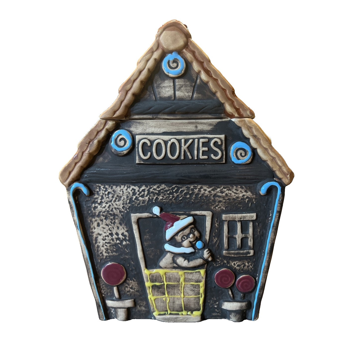 Vintage Christmas Mogi Nagoya Folk Art Gingerbread House Cookie Jar Elf Japan