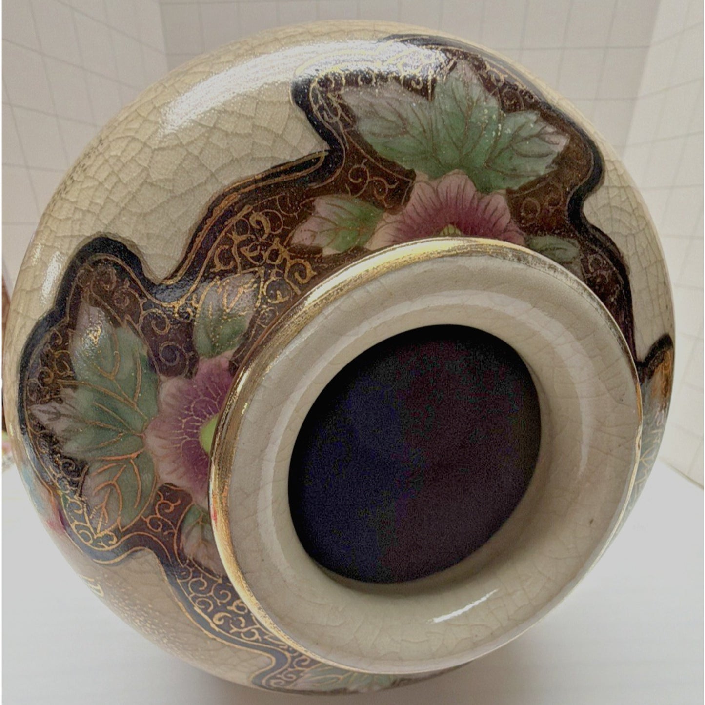 Old Hand Painted Japanese Satsuma Vase Crackle Gold Gilded Birds Floral Birdcage