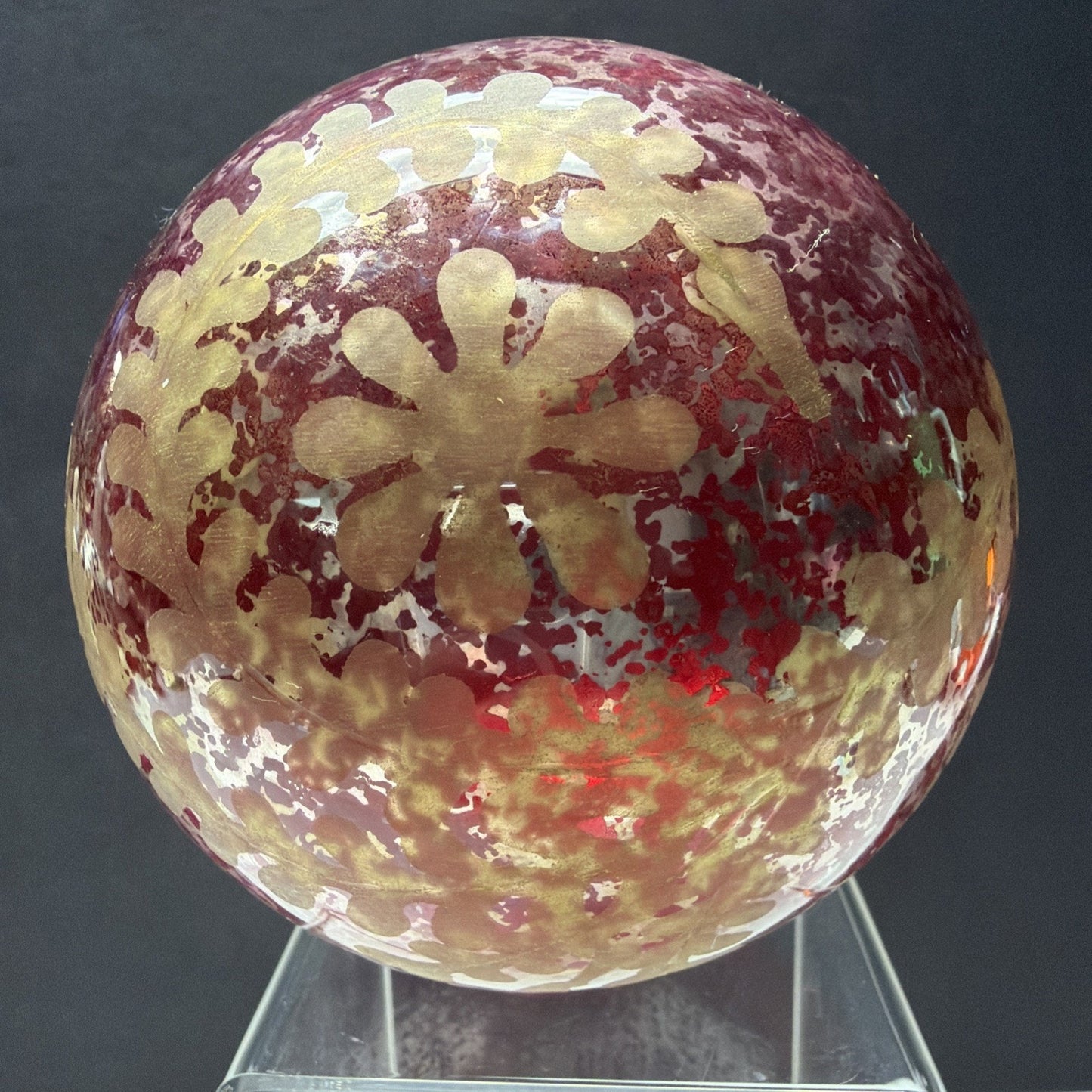 Pottery Barn Red Mottle Mercury Glass Ornament Gold Etched Snowflake As Is Read