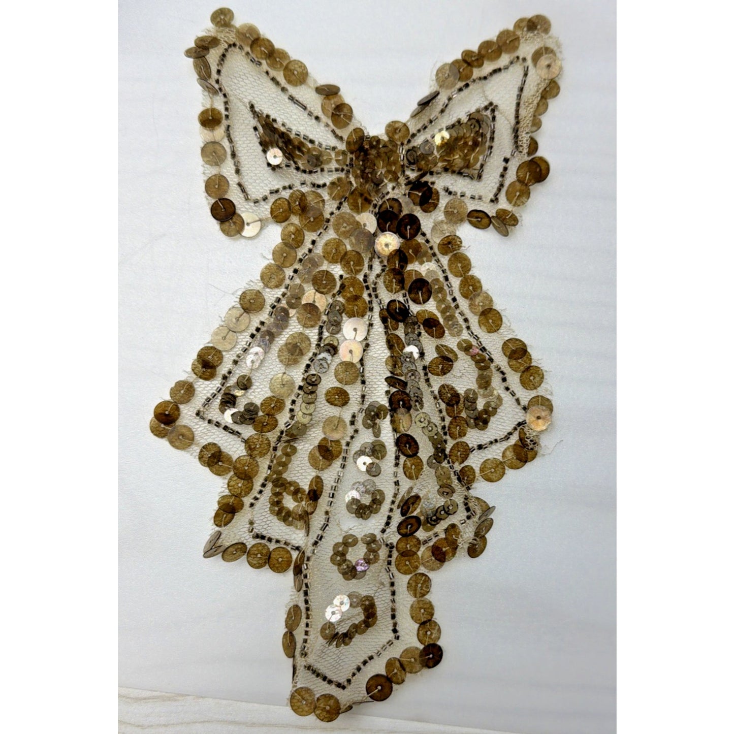Antique Gold Sequined Tulle Lace Applique Bow Adornment As Is