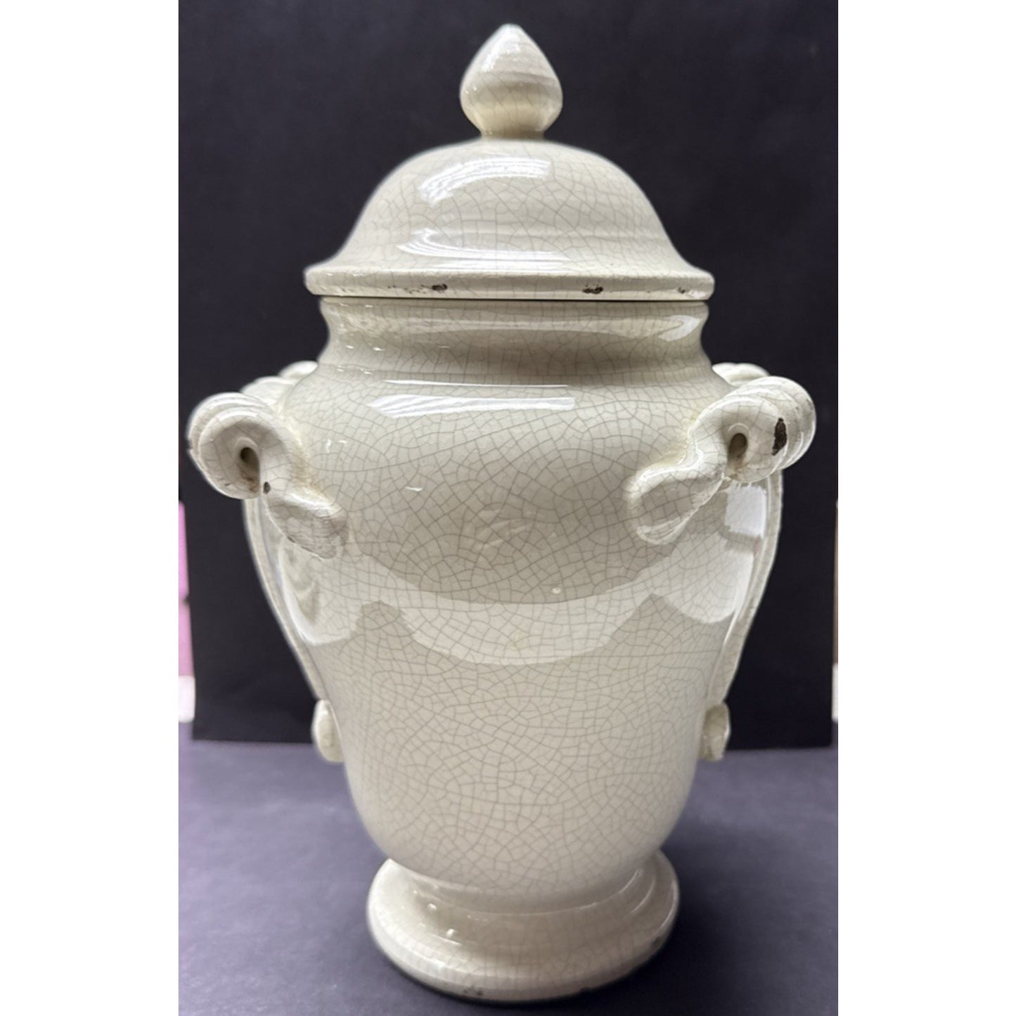 Vintage Leona Lavorato A Mano Italy Crackle Glaze Cream Canister Jar 8.5" As-Is