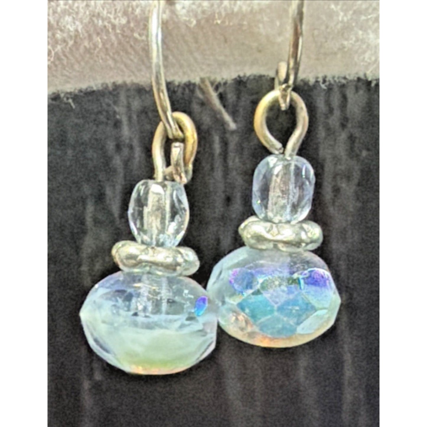 Vintage Sterling Silver Faceted AB Crystal Glass Uranium Dangle Earrings Mottled