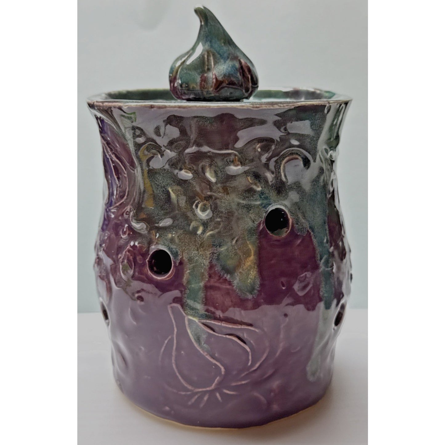 Studio Art Pottery Garlic Keeper Jar Canister Figural Lid Drip Glaze Signed