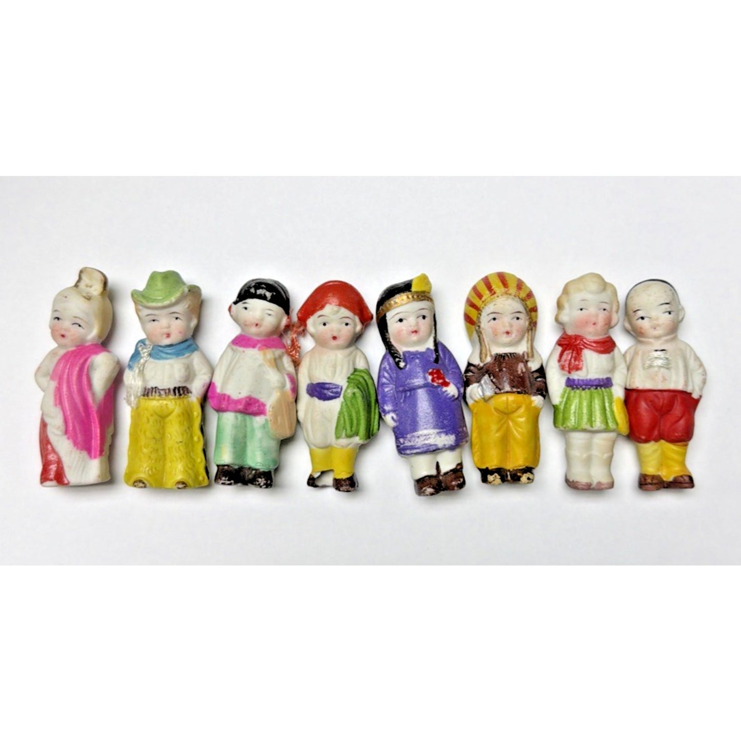 Old Lot of 8 Bisque Porcelain Penny Dolls Foreign Dolls Made in Japan As Is