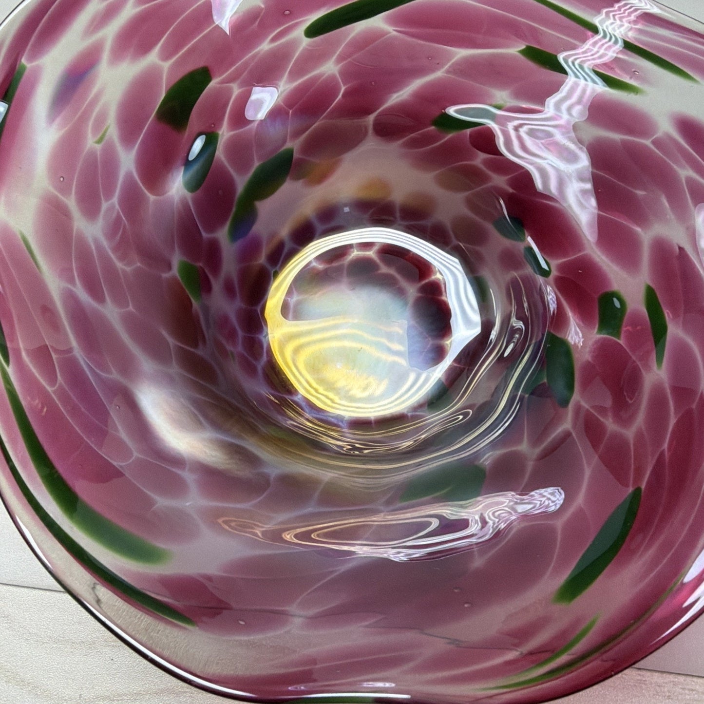 Vintage Blown Glass Bowl Iridescent Mottled Green Cranberry Purple Gold
