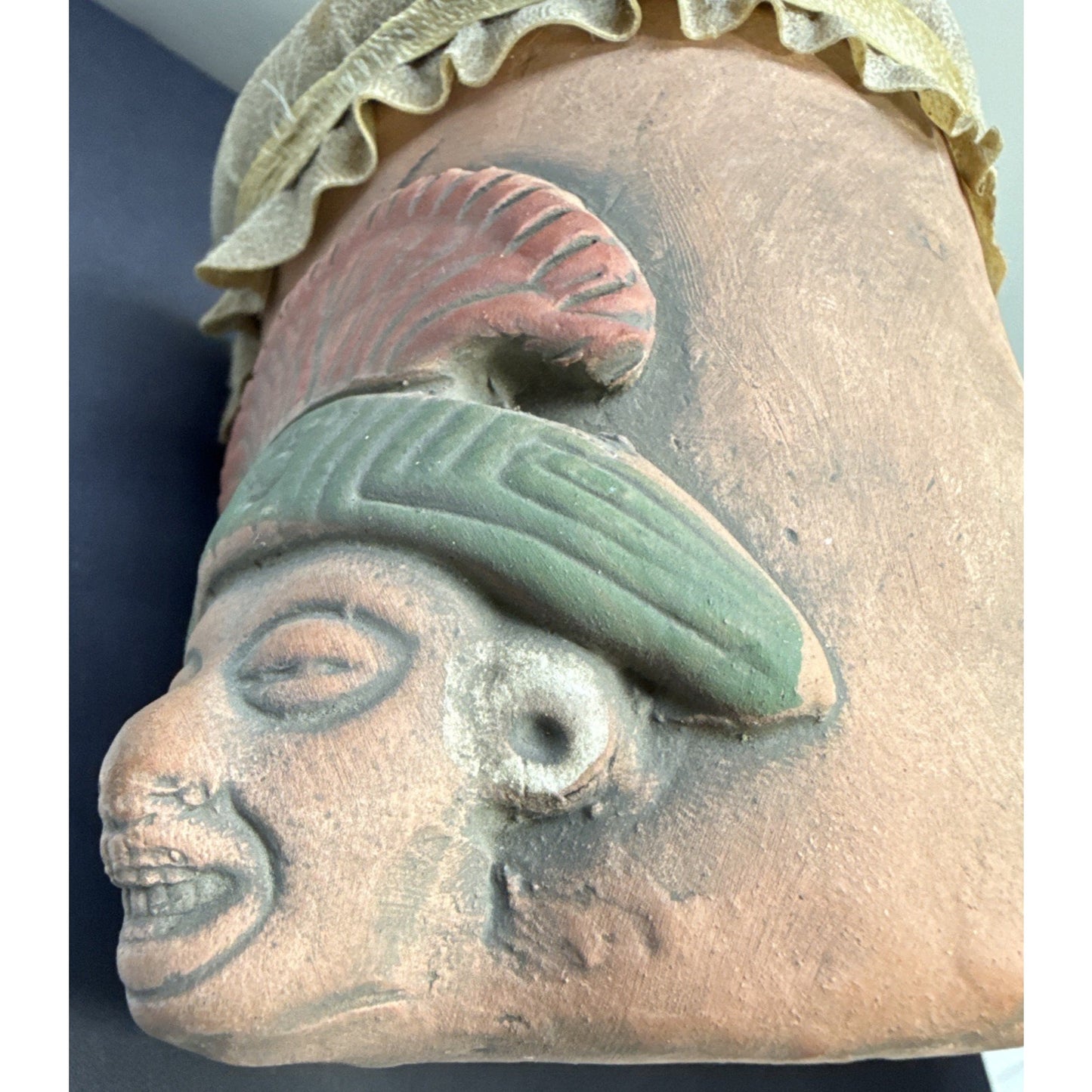 Vintage Mayan Aztec Folk Art Terracotta Clay Water Drum Figural Hide