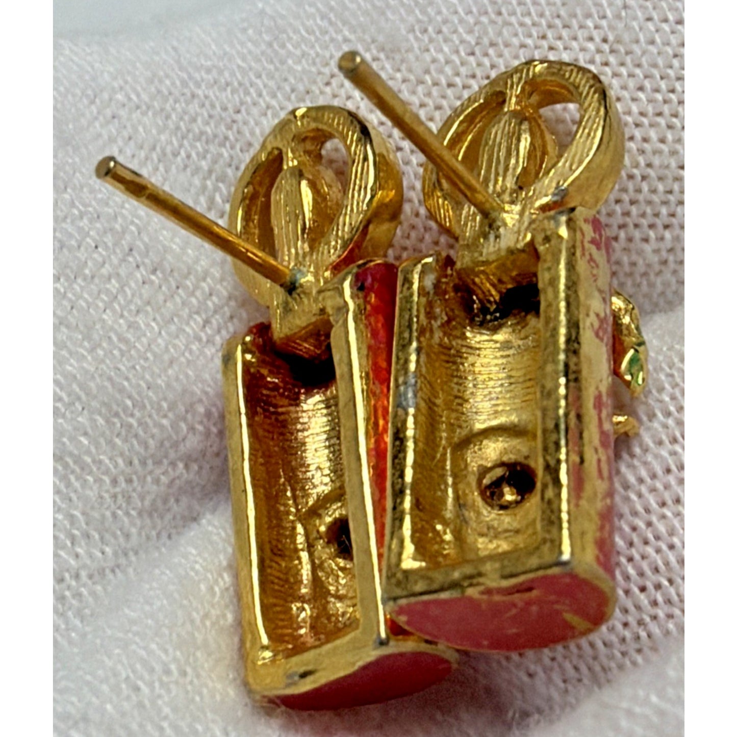 Vintage Enamel Rhinestone Candlestick Candle Earrings Pink Gold Tone
