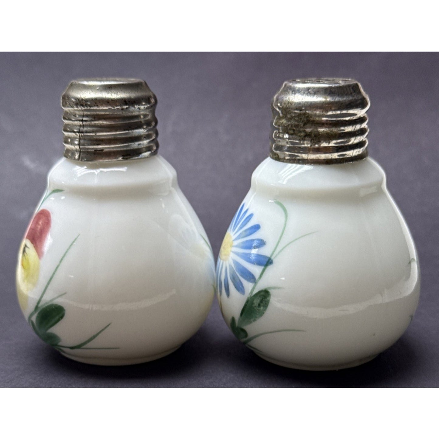EAPG Buckeye Glass 960 Ring Neck Bulbous Shakers Hand Painted Chubby Blossom