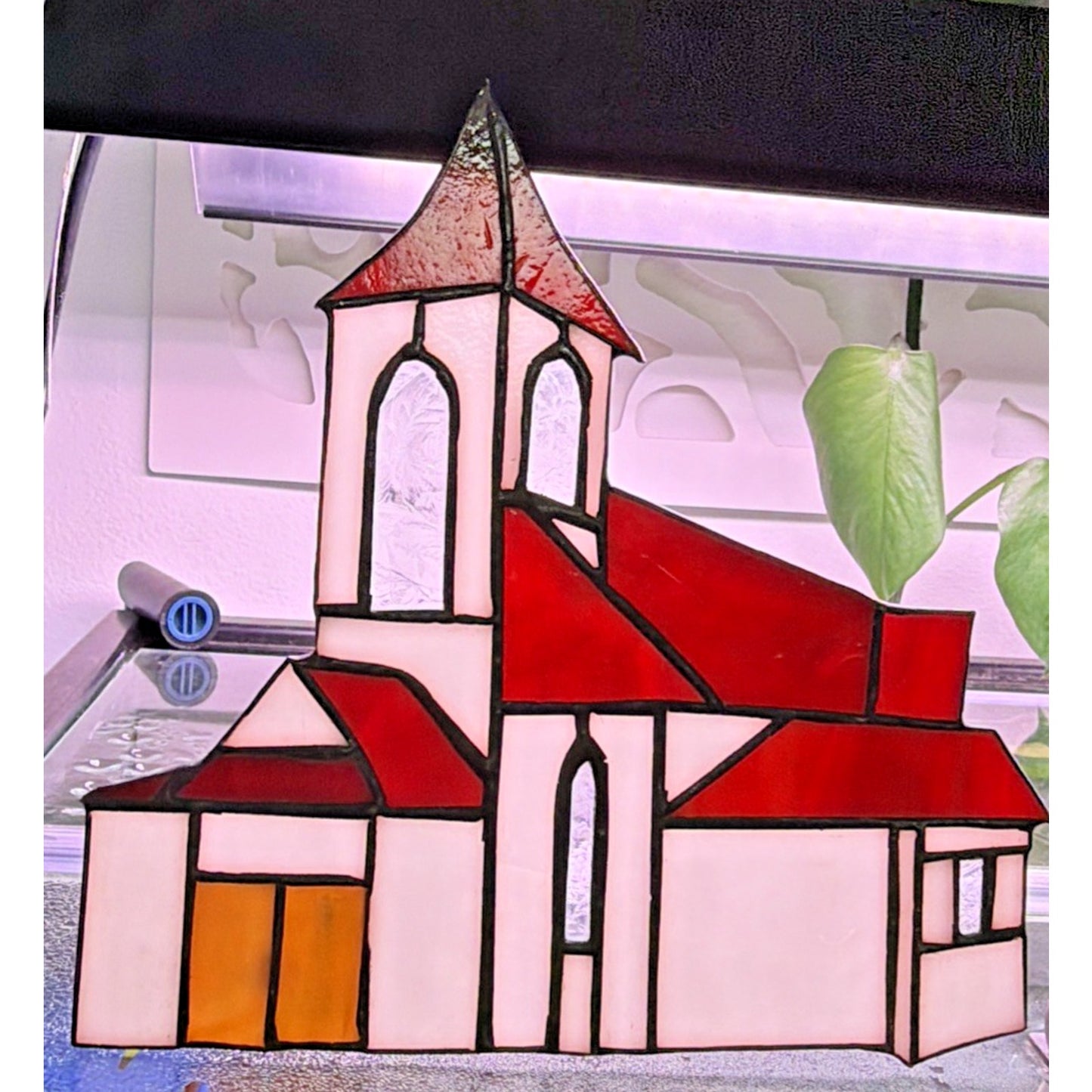 Vintage Stained Glass Church Suncatcher Red Slag Crackle Amber