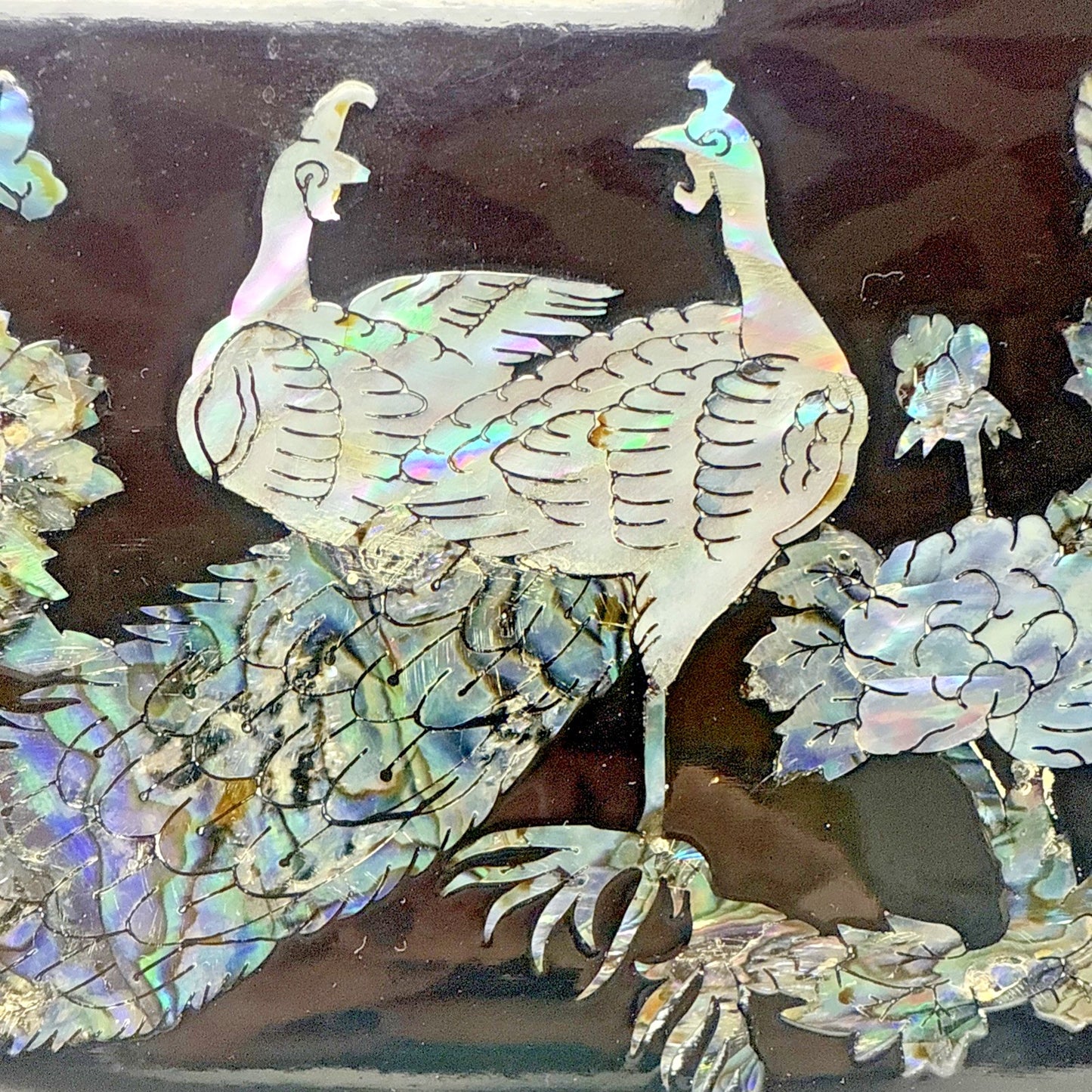 Vtg Lacquer Mother Of Pearl Inlay Turtle Latch Peacock Jewelry Ring Box Mirror