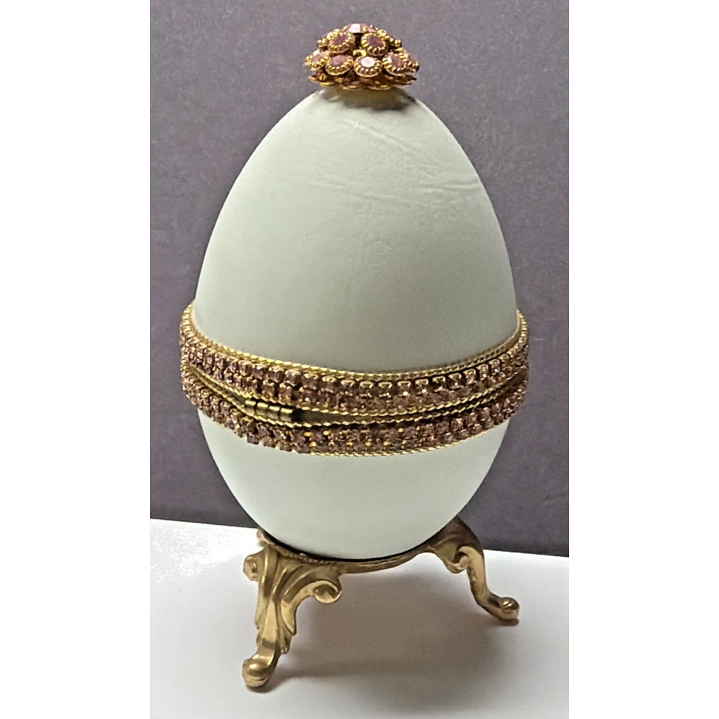 Vtg Pink Faceted Rhinestone Opal Gold Hand Decorated Goose Egg Hinged Footed Box
