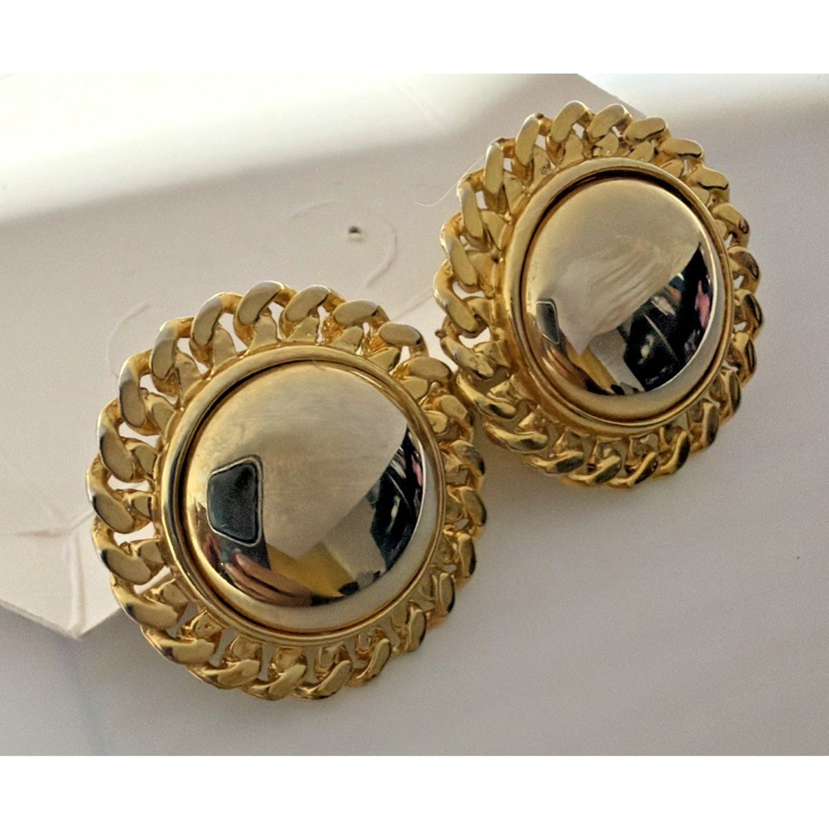 Vintage Button Dome Earrings Gold Tone Round Curb Chain Braided Border Clip On