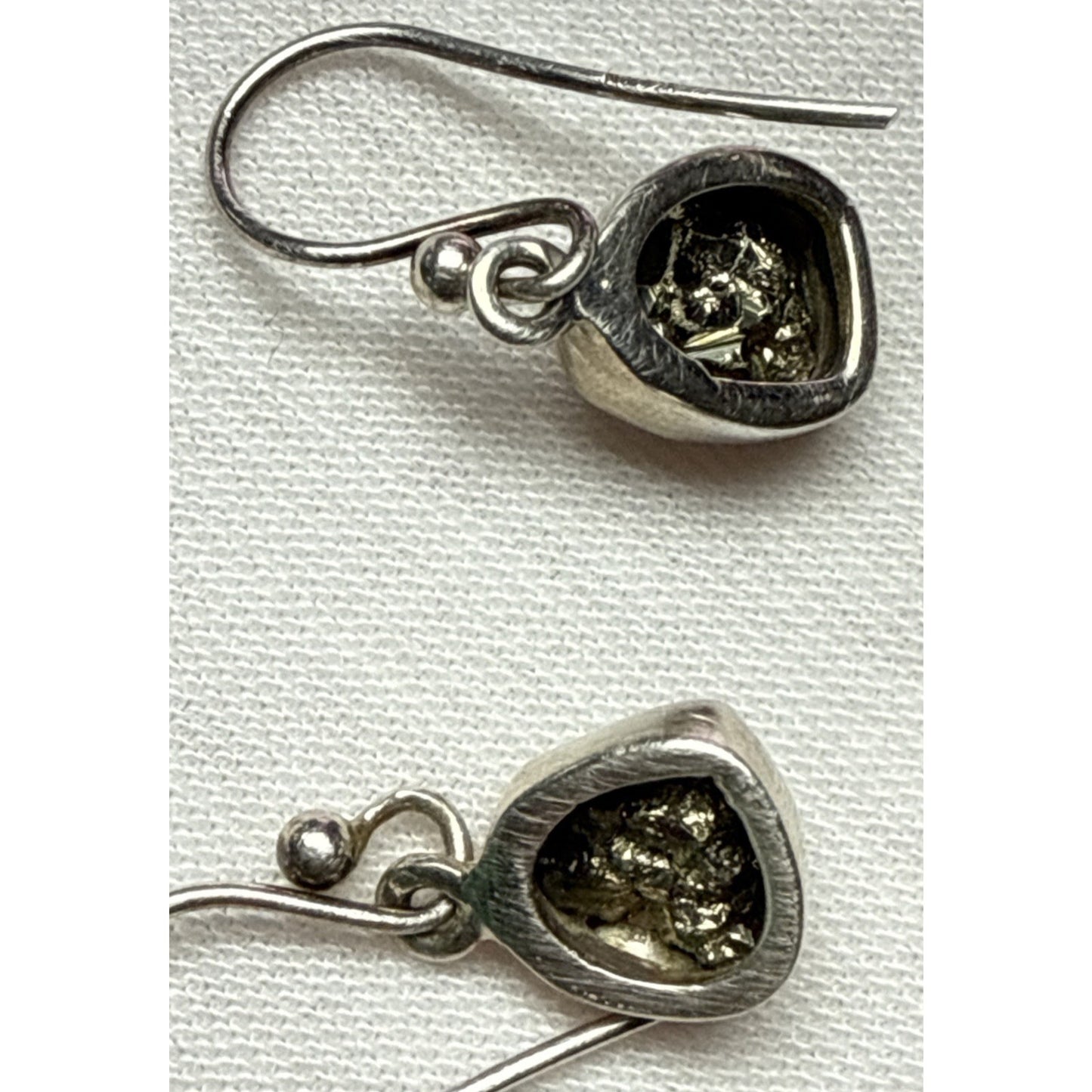 Vintage NC 925 Sterling Silver Rough Pyrite Druzy Bezel Dangle Earrings