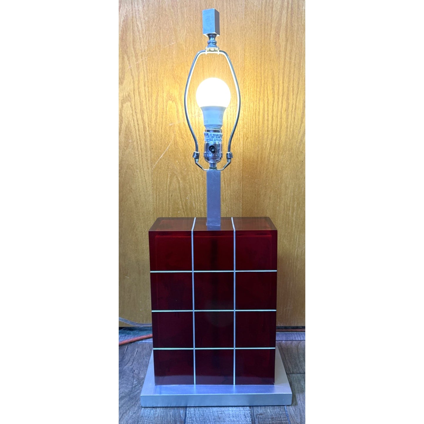 Vintage Modern Geometric Red Lucite Block Acrylic Stacked Lamp Metal Base As Is