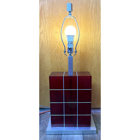 Vintage Modern Geometric Red Lucite Block Acrylic Stacked Lamp Metal Base As Is