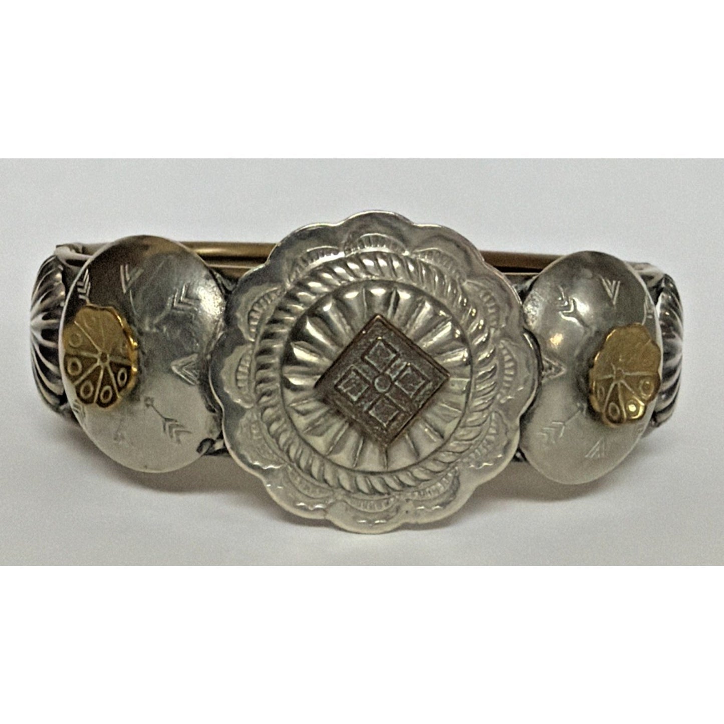 Victorian Brass Hinged Embossed Cuff Bracelet Mixed Metal Concho Western As Is