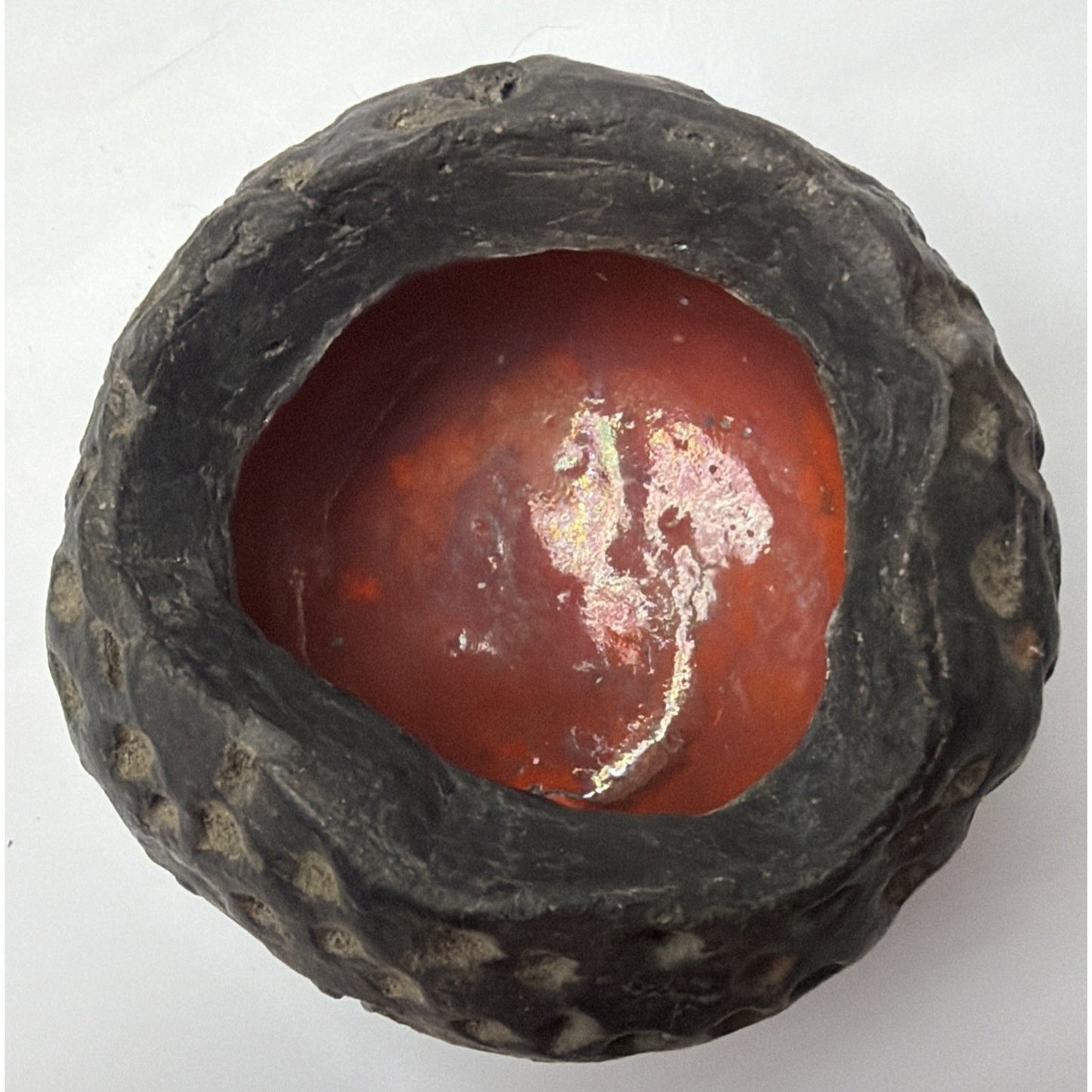 MCM Danish Brutalist Studio Pottery Jar Melon Pot Lid Damage Black Red Glaze