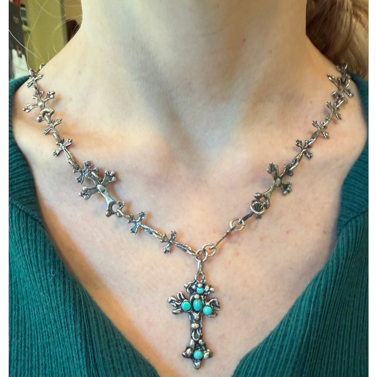 Brutalist Organic Cross Necklace Squash Blossom Turquoise Cabochon Bezel Read De