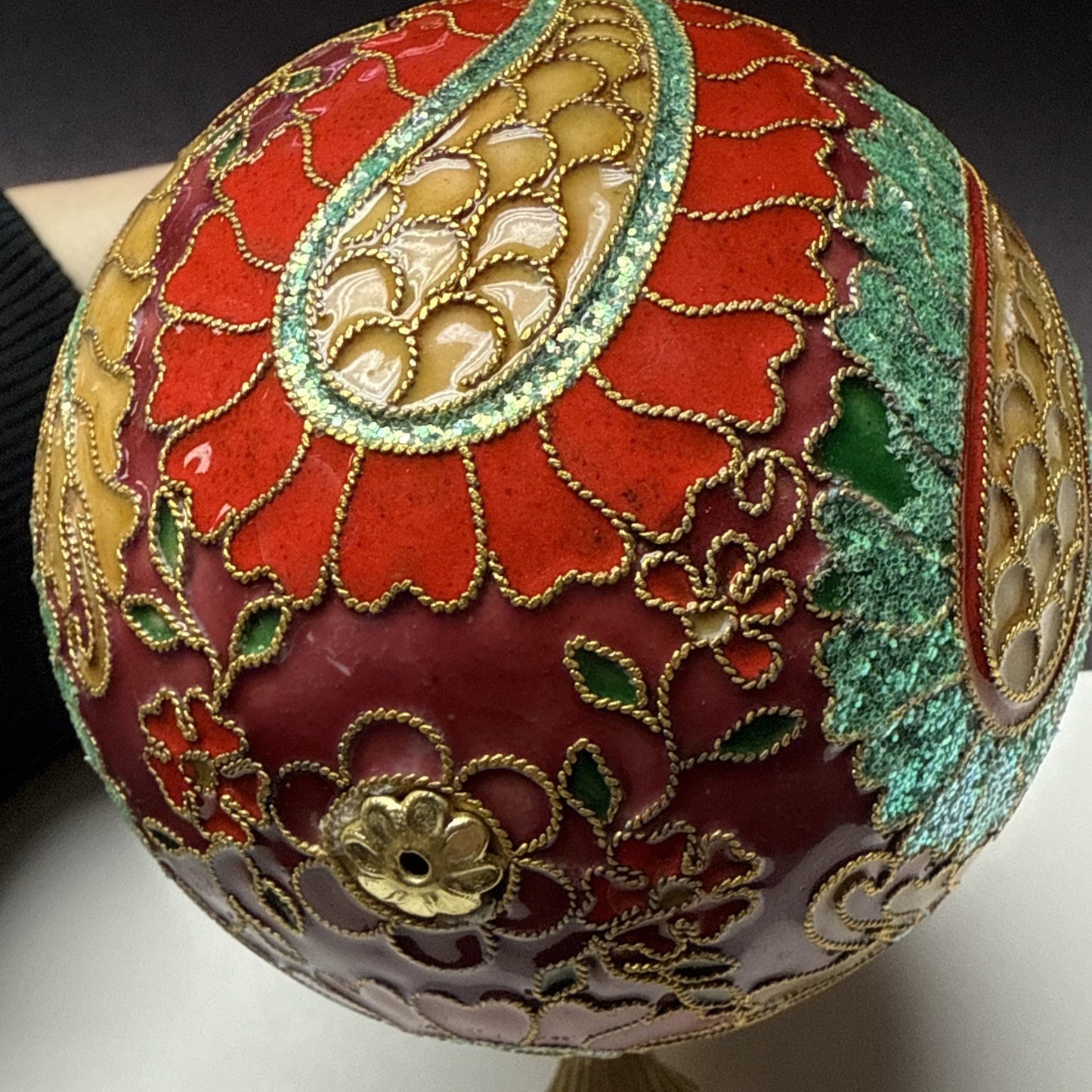 Vtg Cloisonne Ornament Ornate Large Paisley Decorated Enamel Gold Floral As-Is