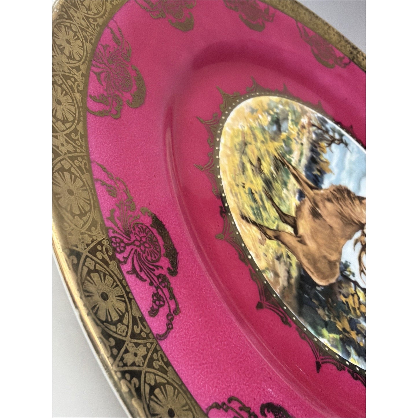 Vintage STW Bavaria Fuchsia Pink Game Plate Gold Ornate Elk Moose