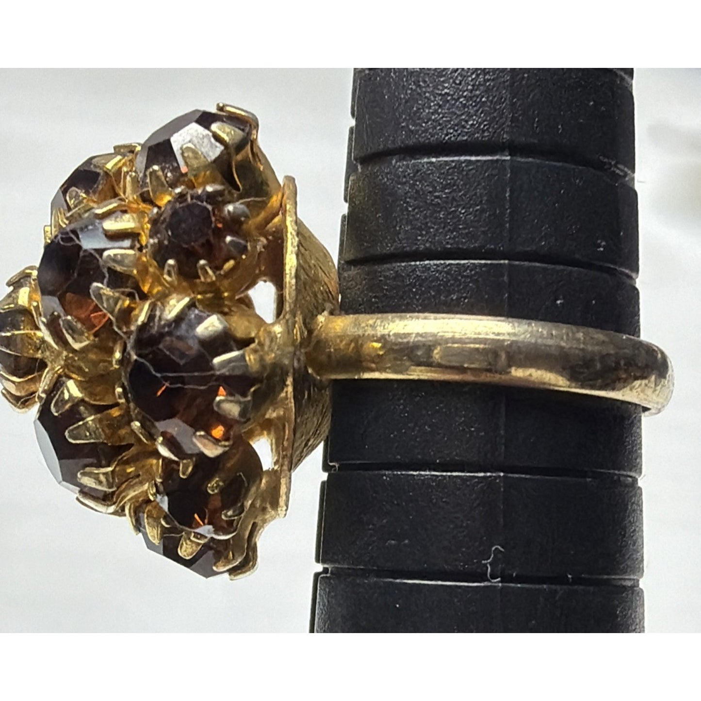 Vtg Gold Tone Adjustable Ring Amber Brown Rhinestone Cluster Prong Dome As Is