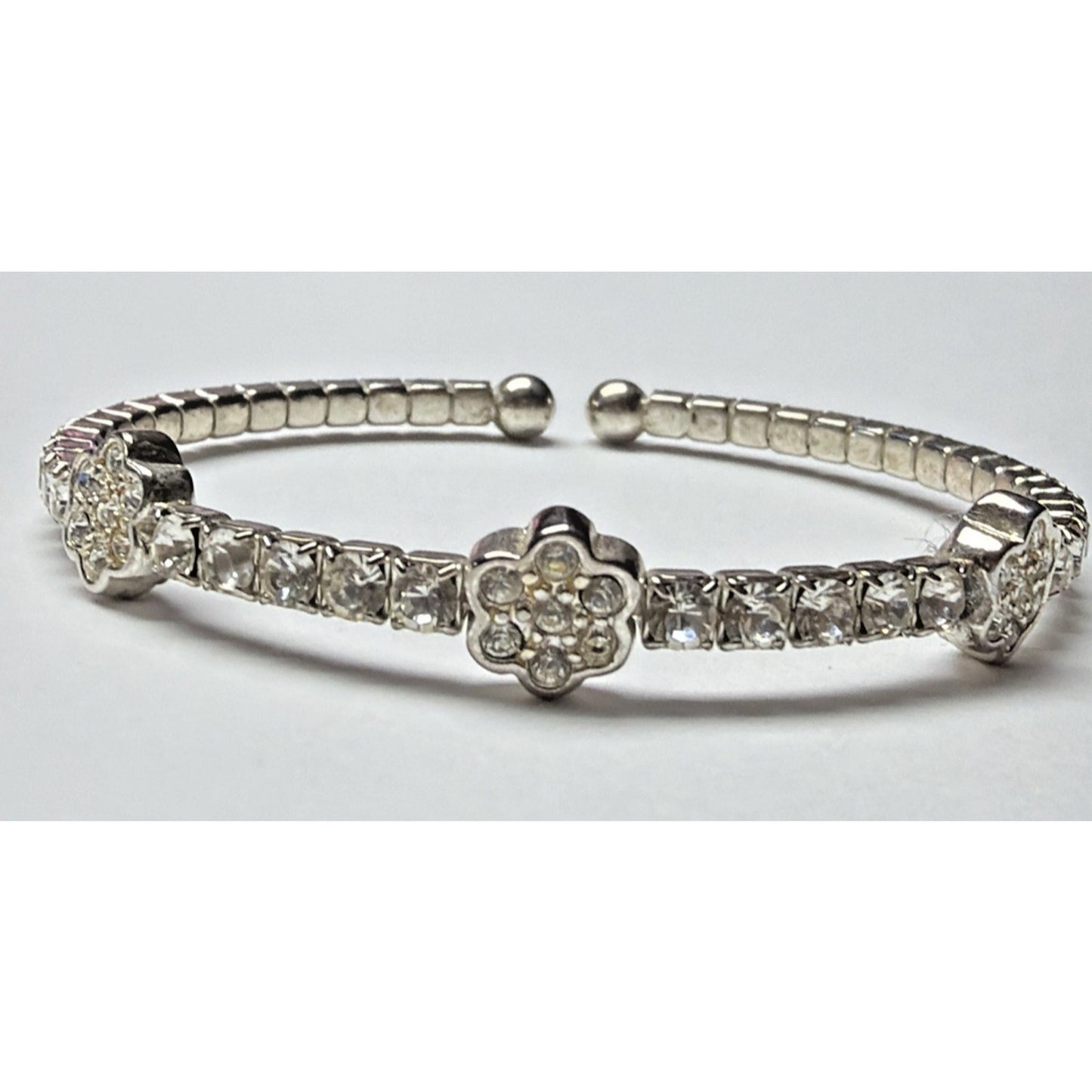 Vintage Clear Rhinestone Silver Cuff Bracelet Flower Clover