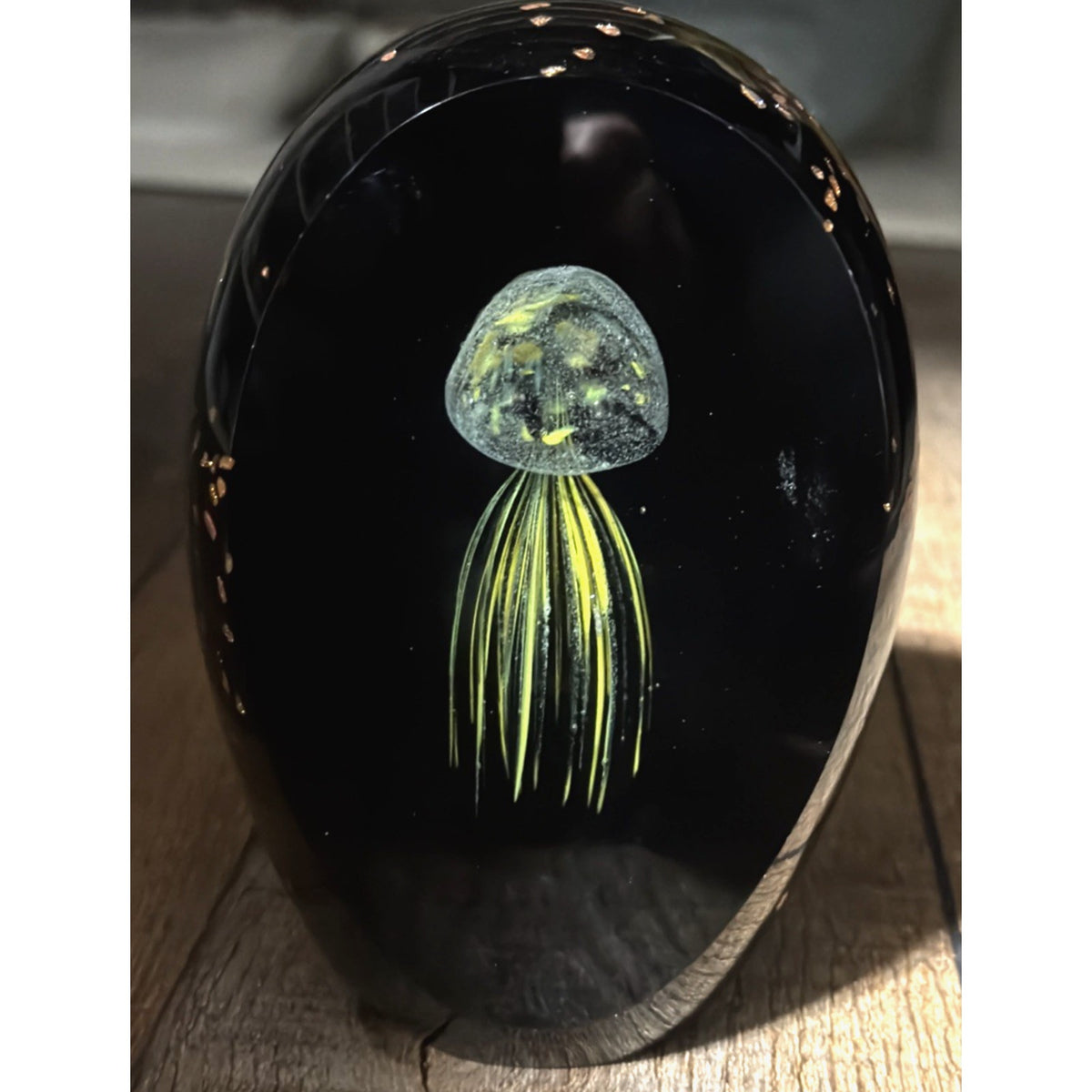 Vtg Black Glass Window Paperweight Aventurine Goldstone Jellyfish UV Reactive
