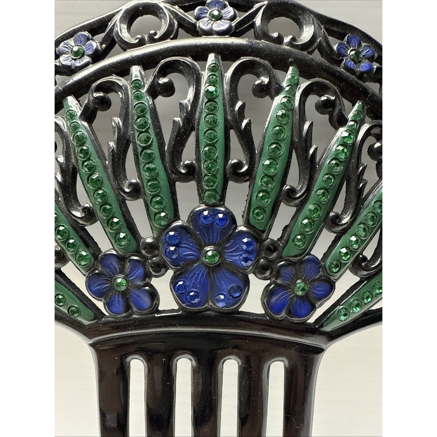 Art Deco Large Fan Shape Hair Comb Black Celluloid Rhinestone Flower Blue Green