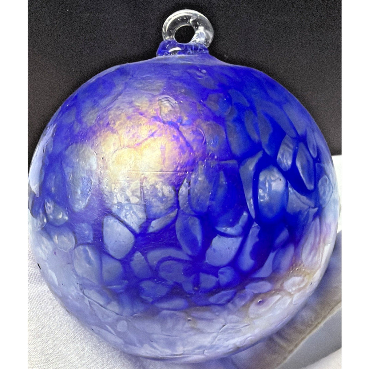 Hand Blown Studio Art Glass Cobalt Blue Iridescent Webbed Ornament Orb Witch Ball