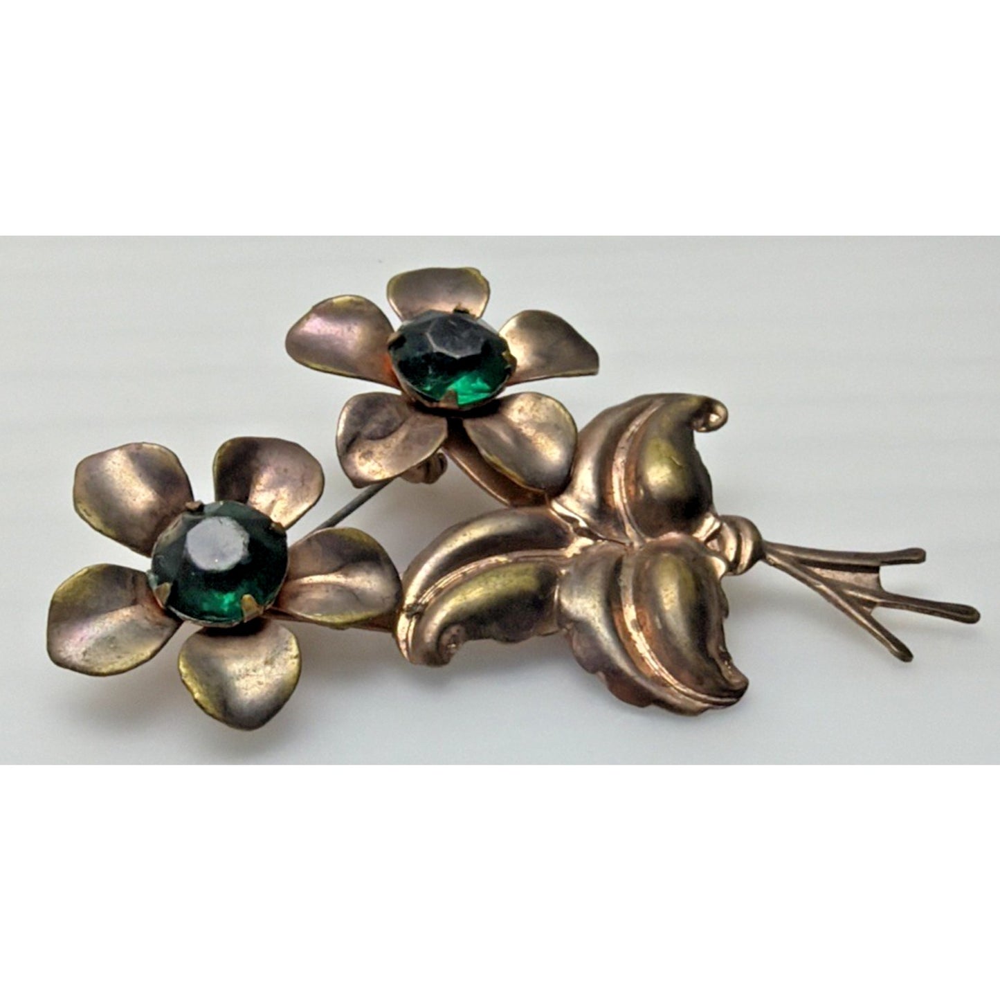 Vintage Copper Floral Flower Brooch Large Green Emerald Rhinestone