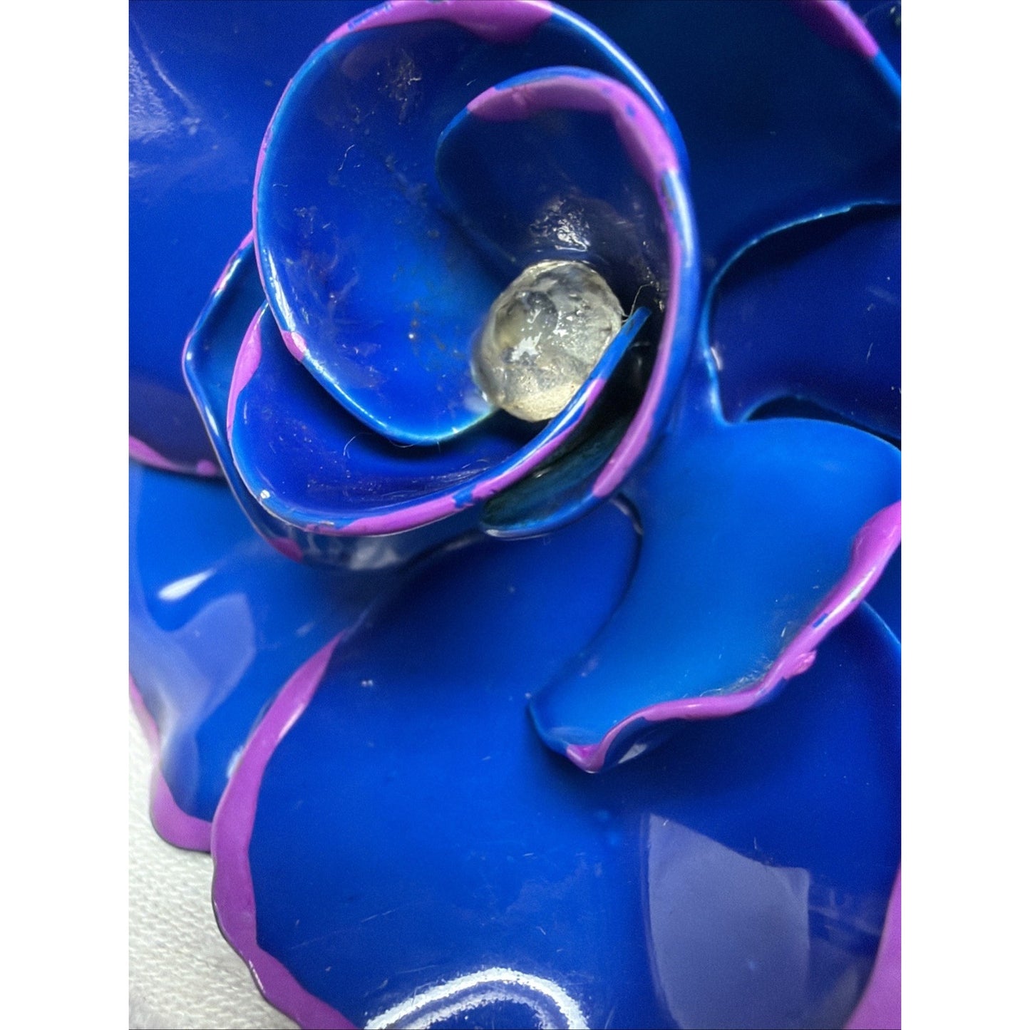 Vintage Blue Metal Purple Enamel Flower Bloom Pin Brooch Large