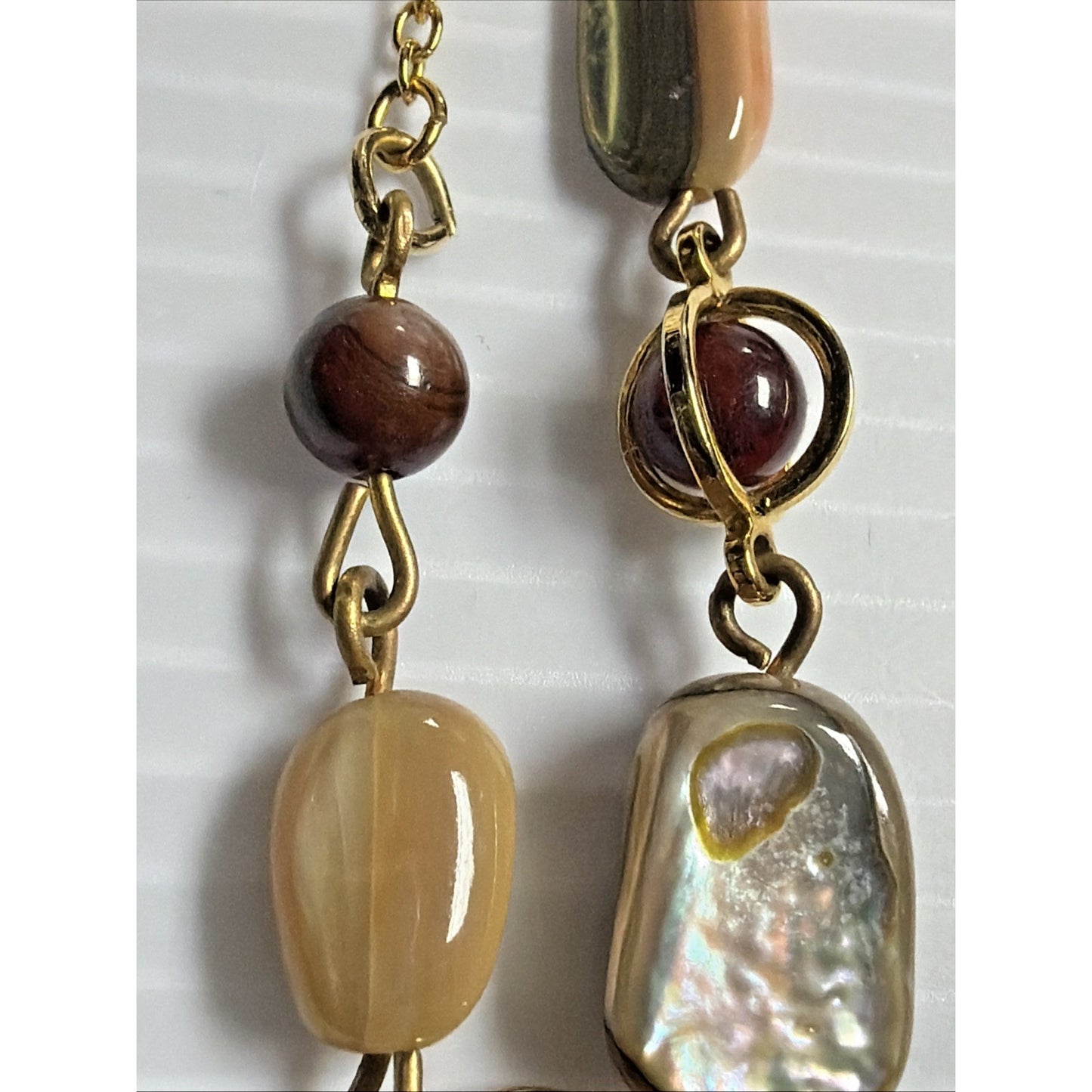 Vintage Multi Stone Necklace Gold Tone Agate Mother of Pearl Shell