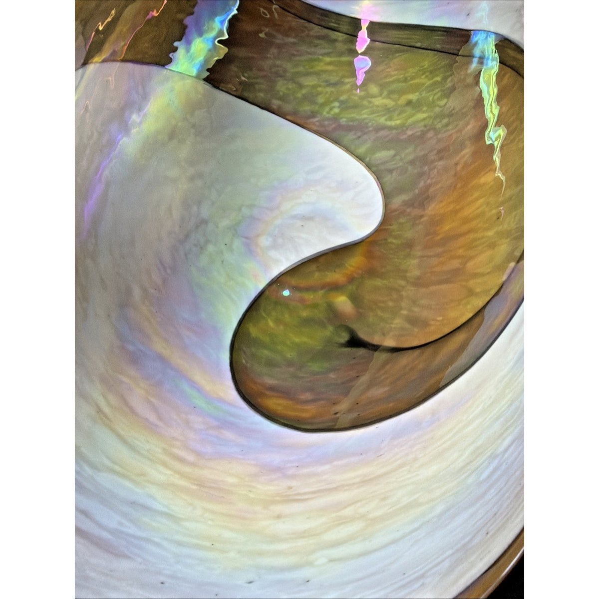 Yalo Murano Vetro Art Glass Bowl Folded Iridescent Ivory Gold Swirl 21"