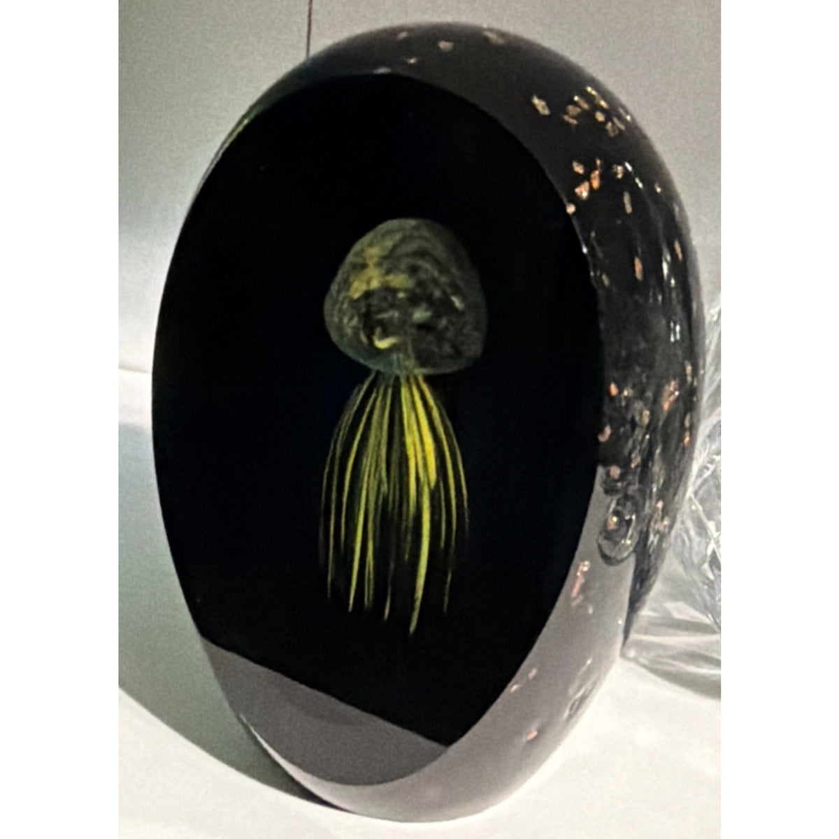 Vtg Black Glass Window Paperweight Aventurine Goldstone Jellyfish UV Reactive