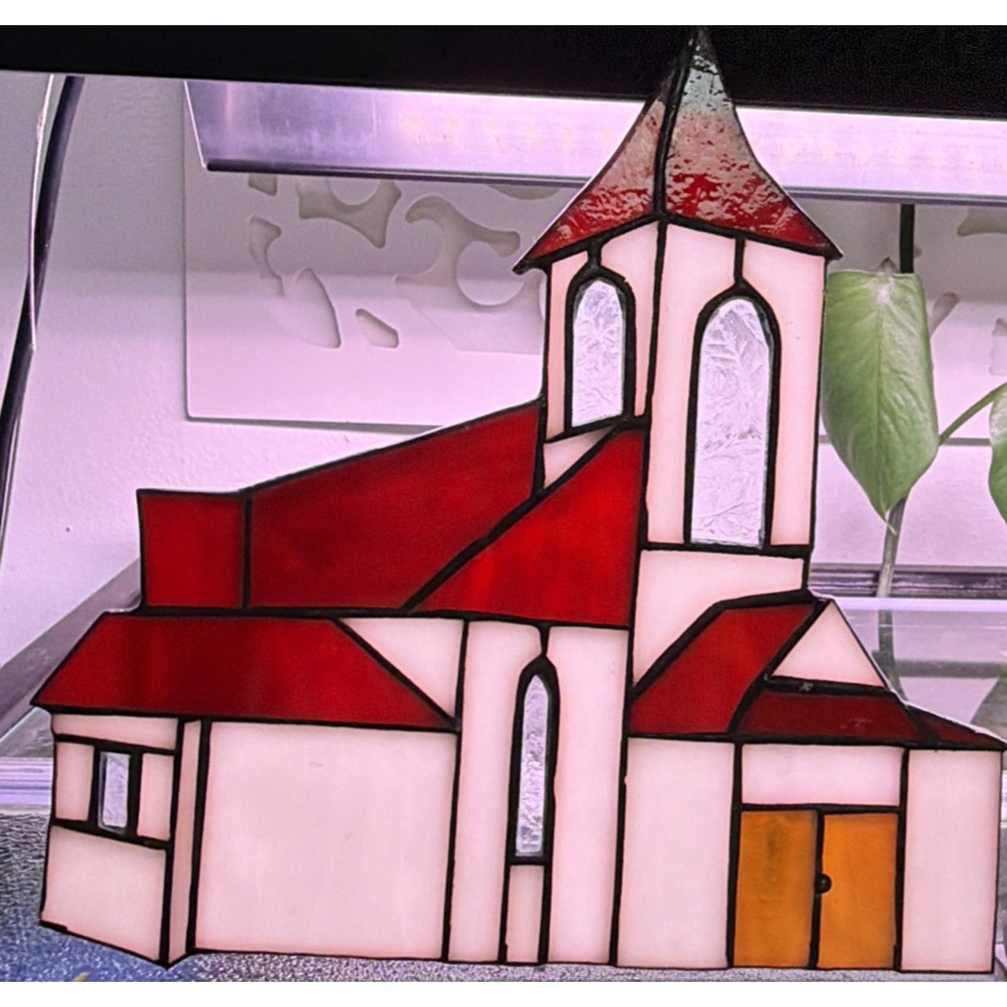Vintage Stained Glass Church Suncatcher Red Slag Crackle Amber