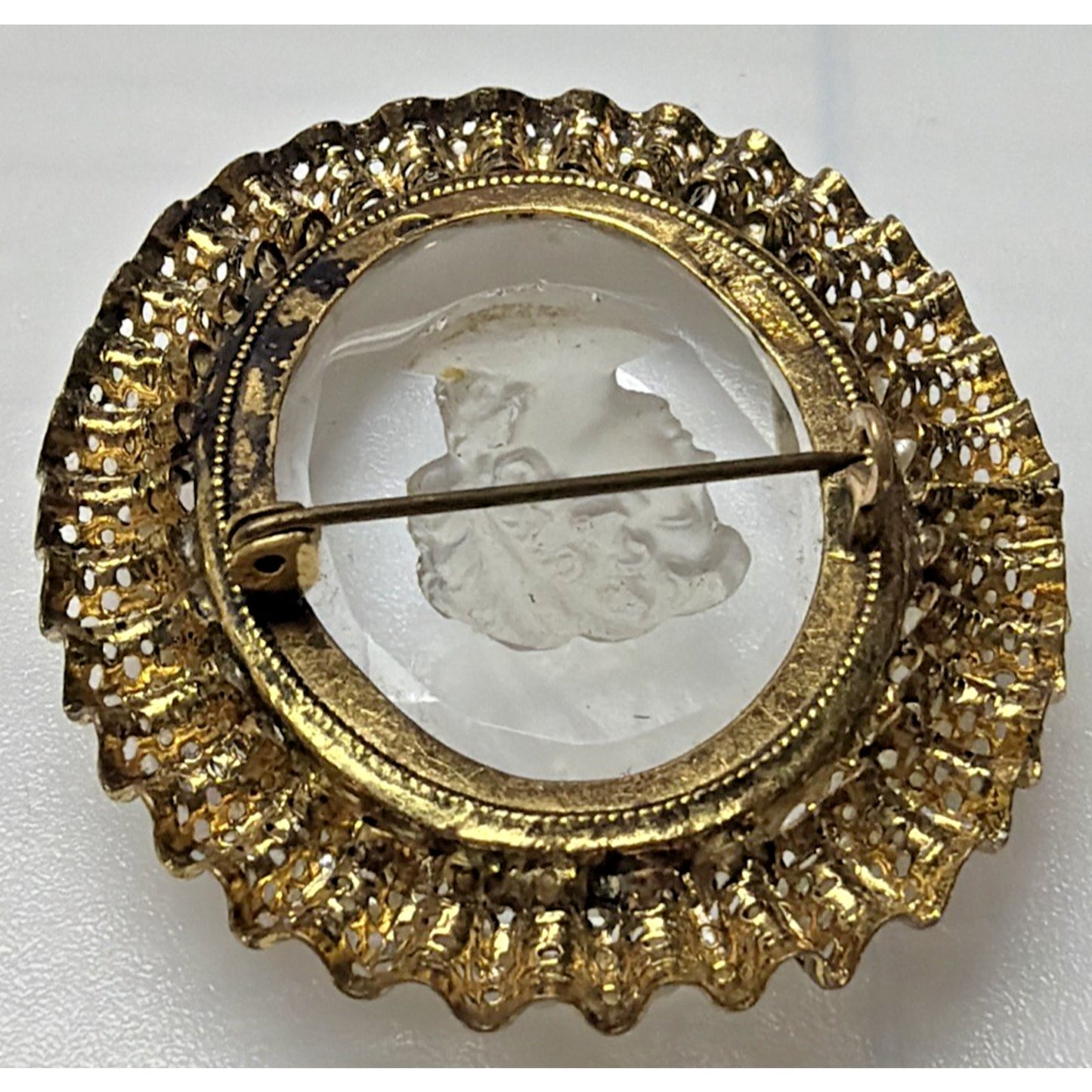 West Germany Intaglio Victorian Cameo Faceted Brooch Filigree Mini Faux Pearls