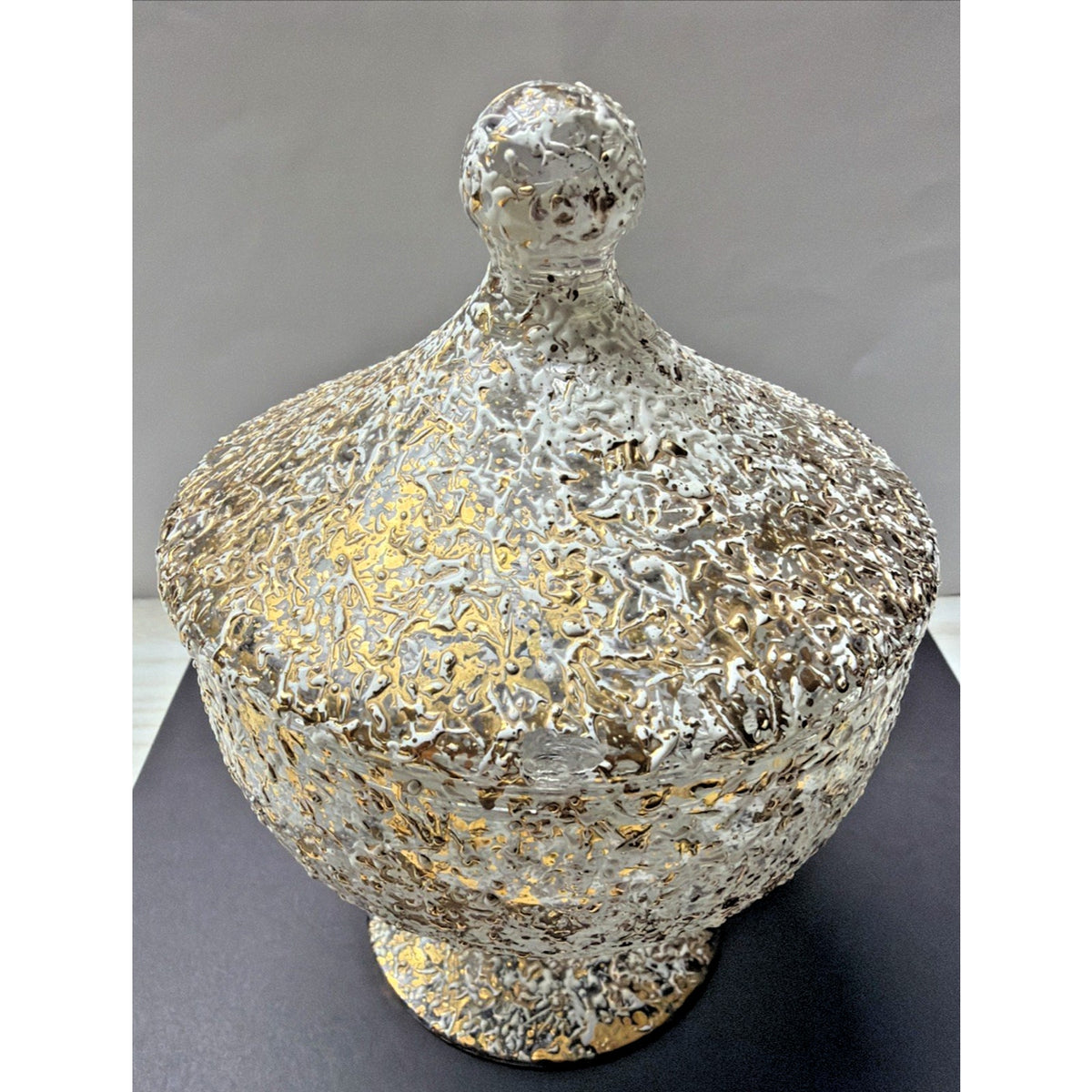 MCM West Virginia Glass Lidded Pedestal Candy Dish Golden Brocade Splatter