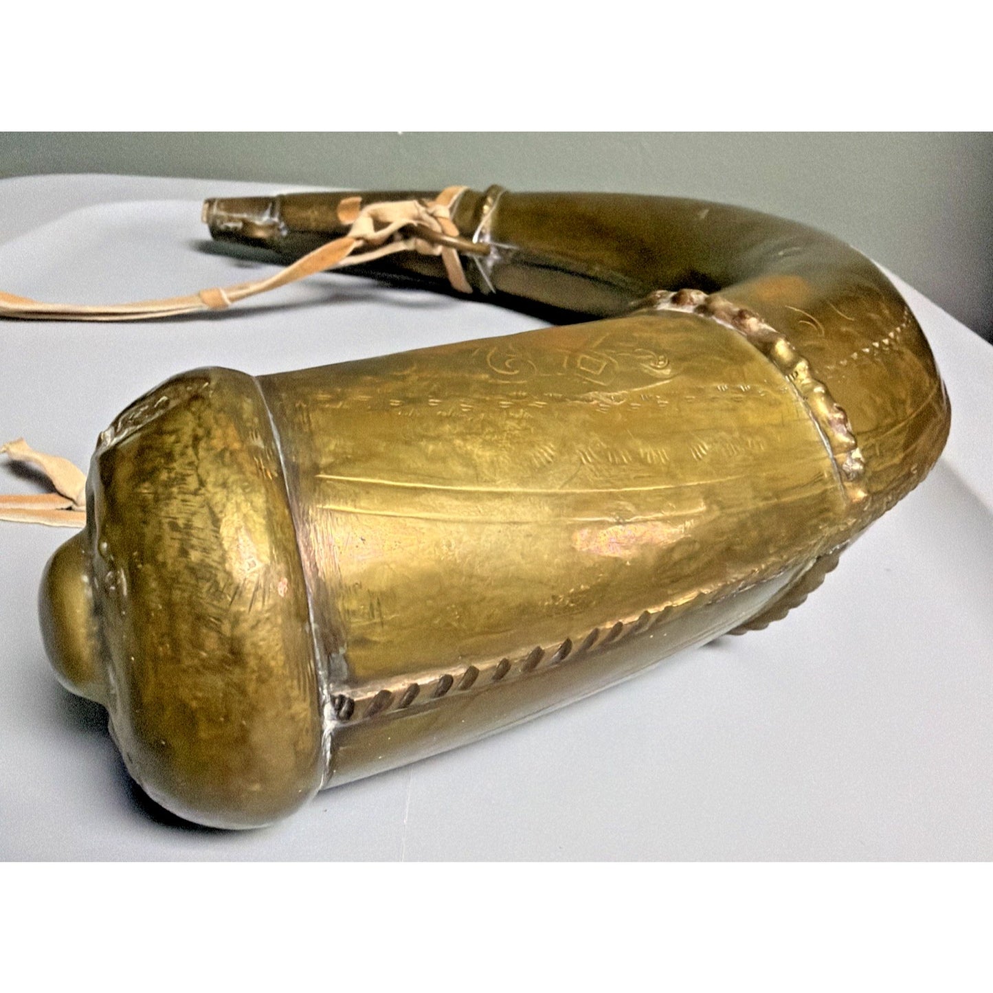 Antique Moroccan Brass Steel Black Powder Horn Flask Shot Strap As Is