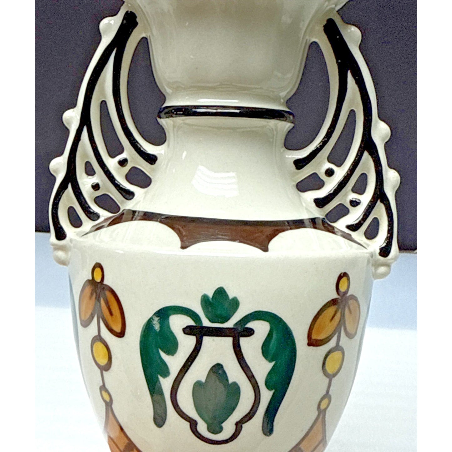 Art Deco Czech Art Pottery Bohemian Double Handle Vase Hand Painted