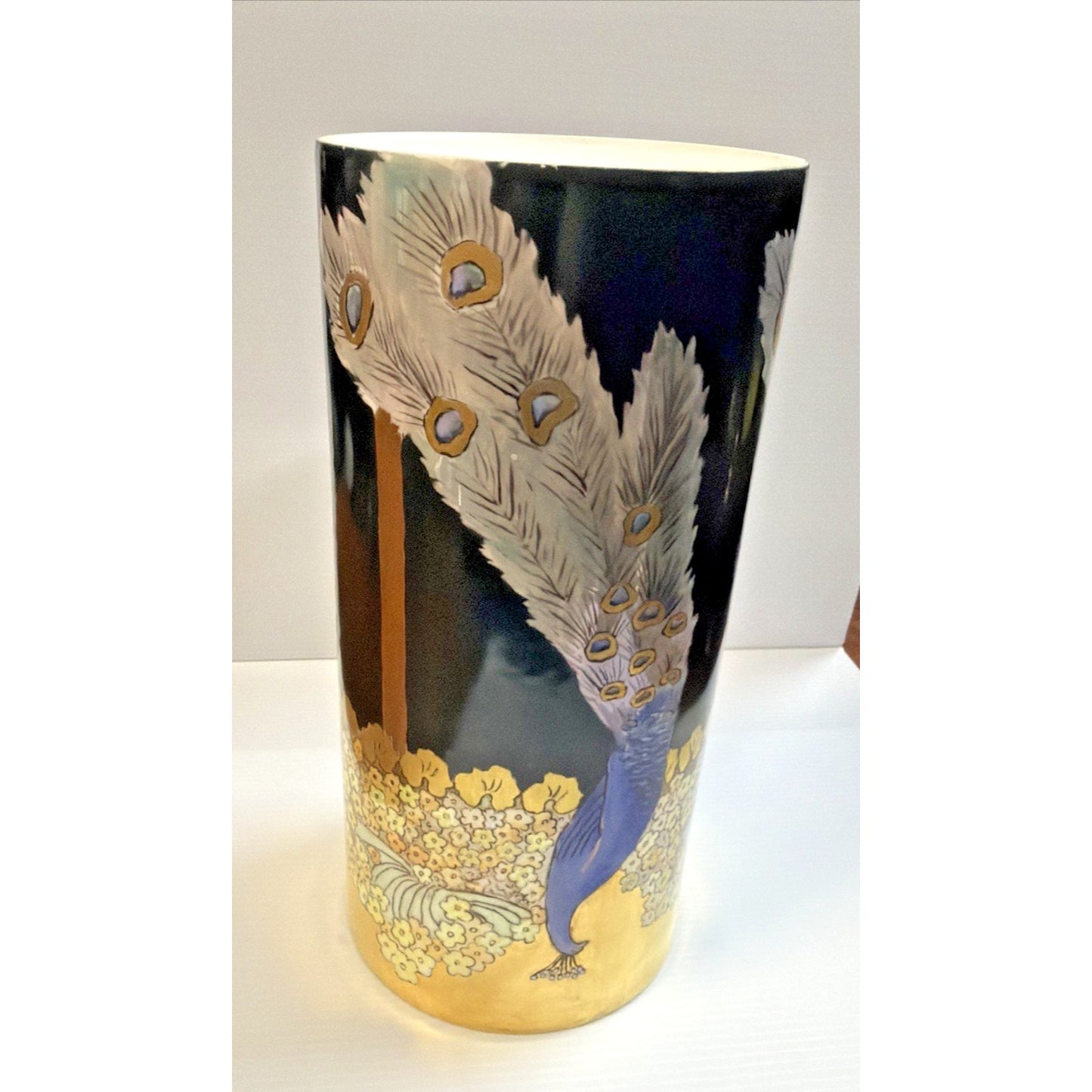 Antique Rosenthal Selb Bavaria Hand Painted Peacock Vase Black Gold As Is
