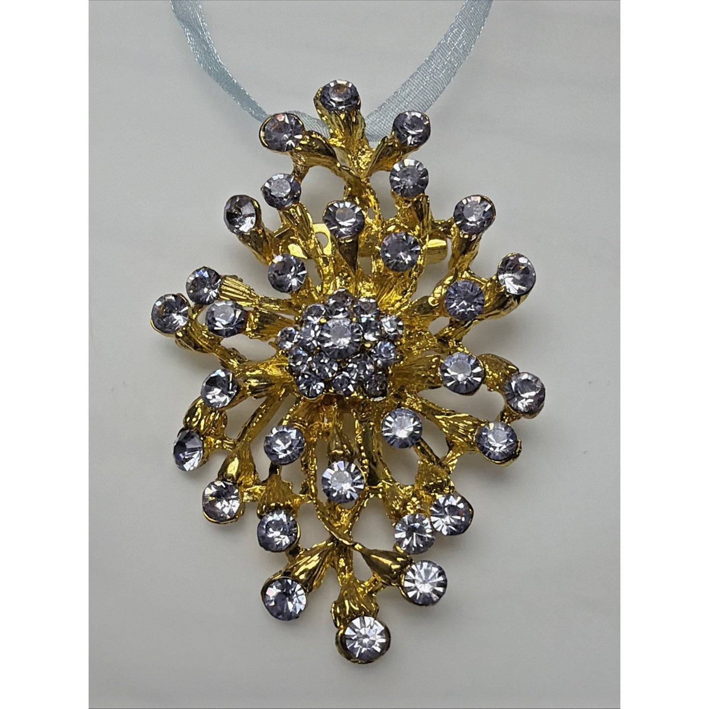 MCM Brutalist Style Blue Rhinestone Crystal Floral Spray Burst Brooch Snowflake