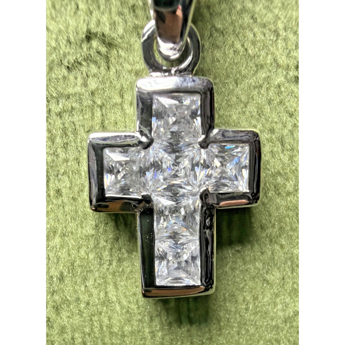 Sterling Silver Religious Cross Pendant Necklace Princess Cut Crystals Box Chain