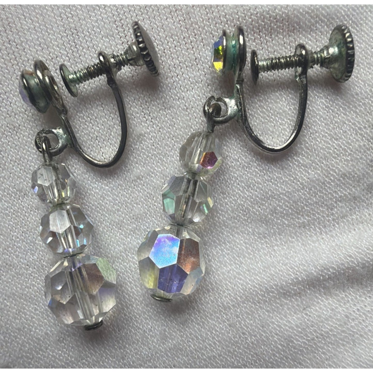 Vintage Clear Aurora Borealis AB Crystal Bead Dangle Screw Back Earrings