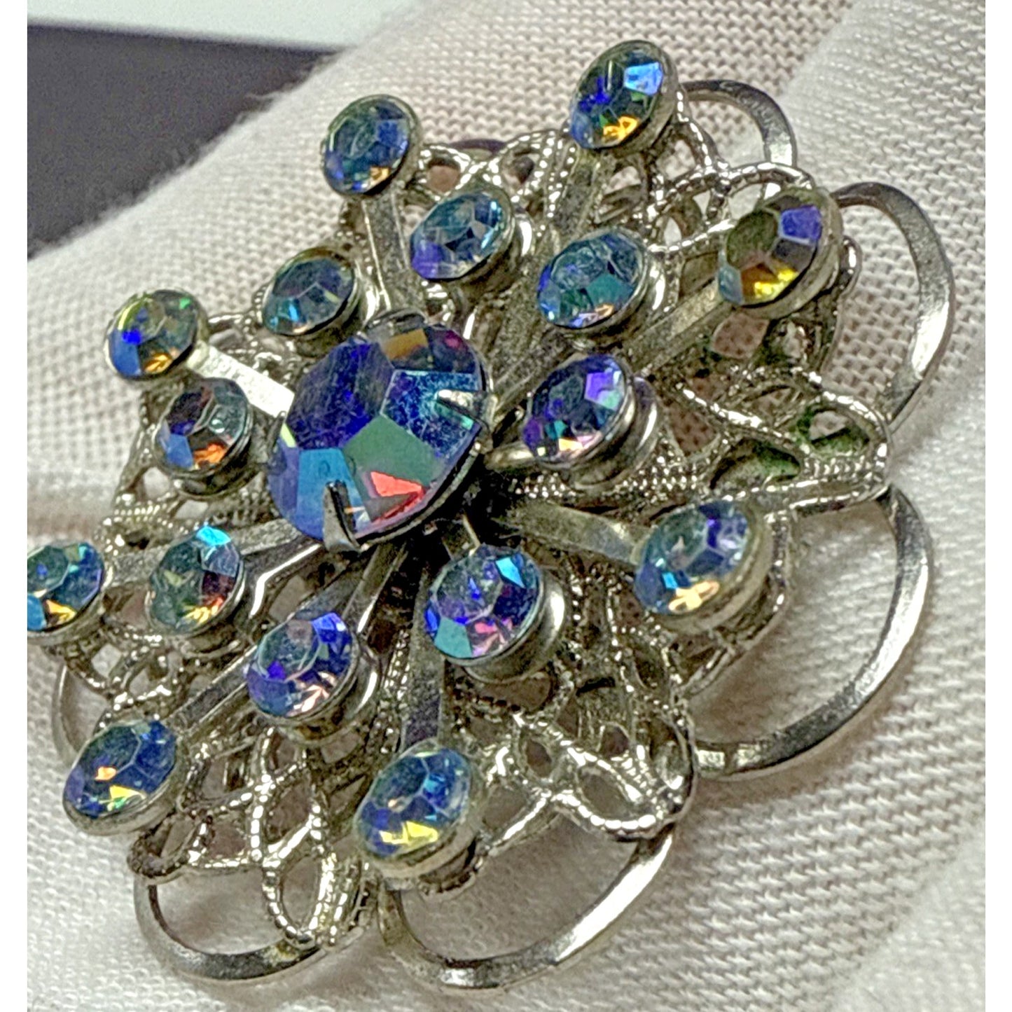 Vintage Aurora Borealis Rhinestone Silver Tone Filigree Layered Flower Brooch