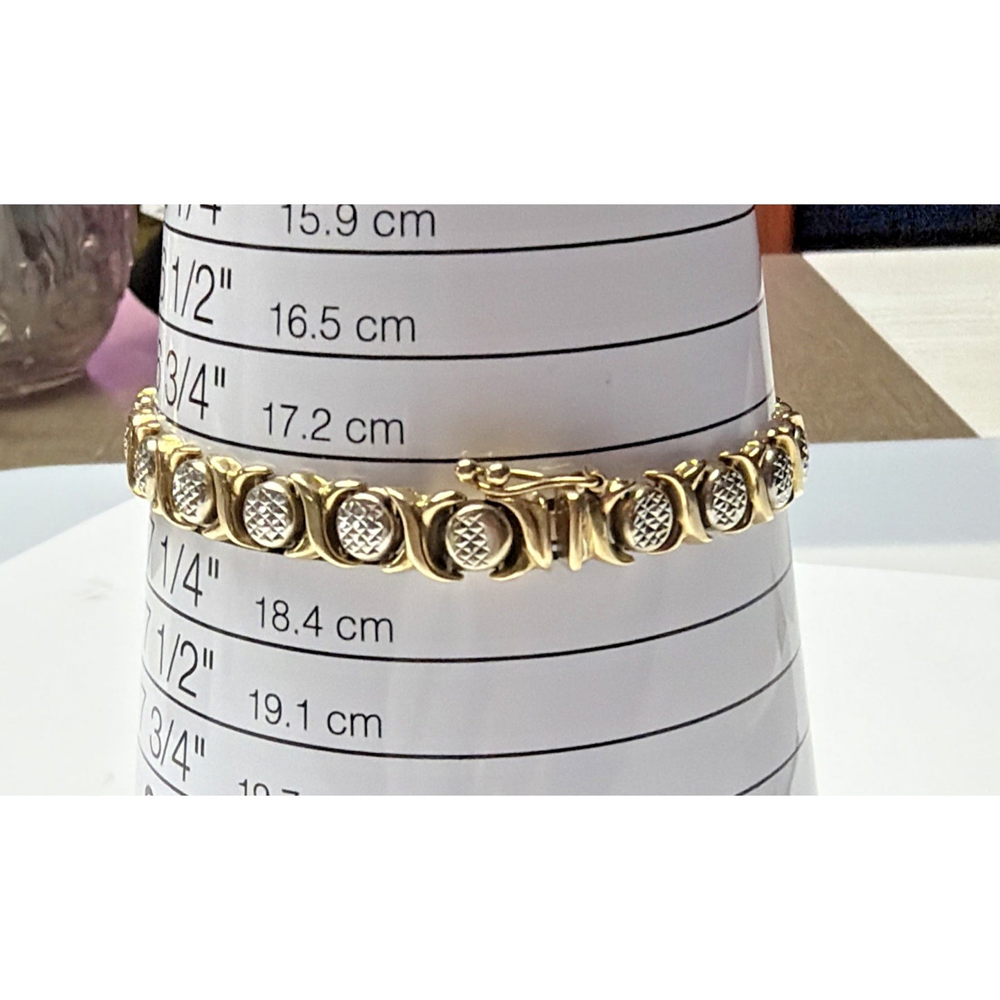14k Yellow White Gold Diamond Cut XO Link Bracelet Stampato Turkey 9.92 grams