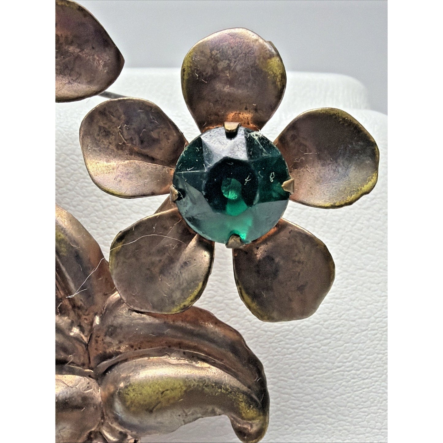 Vintage Copper Floral Flower Brooch Large Green Emerald Rhinestone