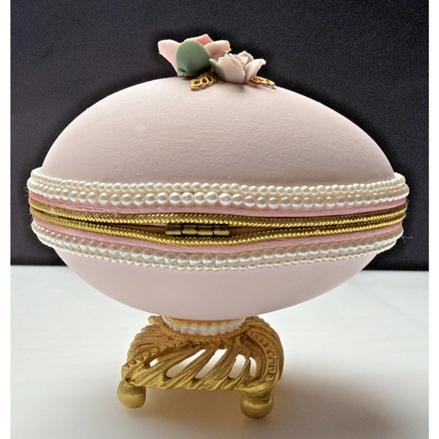 Egg Fantasy Hand Decorated Goose Egg Pink Trinket Jewelry Box Porcelain Flowers