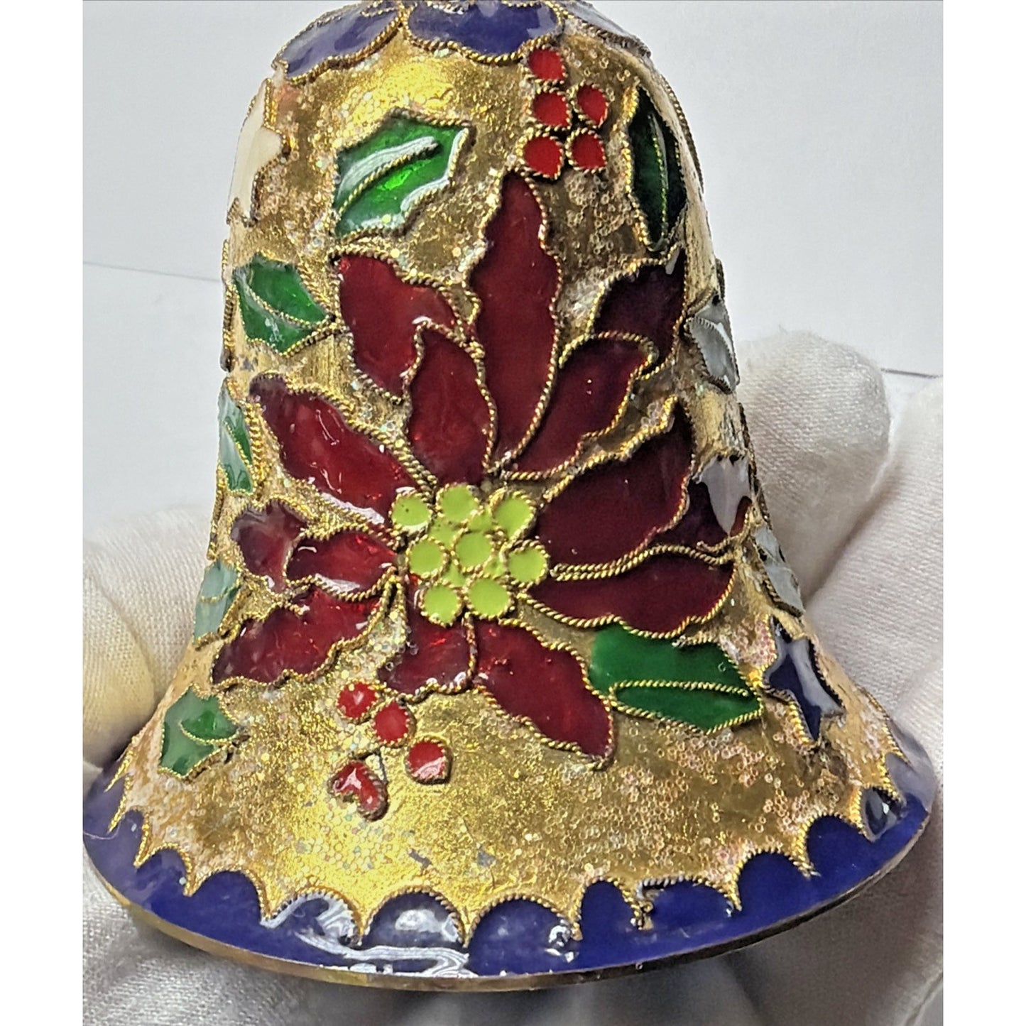 Vintage Enamel Cloisonné Bell Christmas Ornament Holly Berries Poinsettia