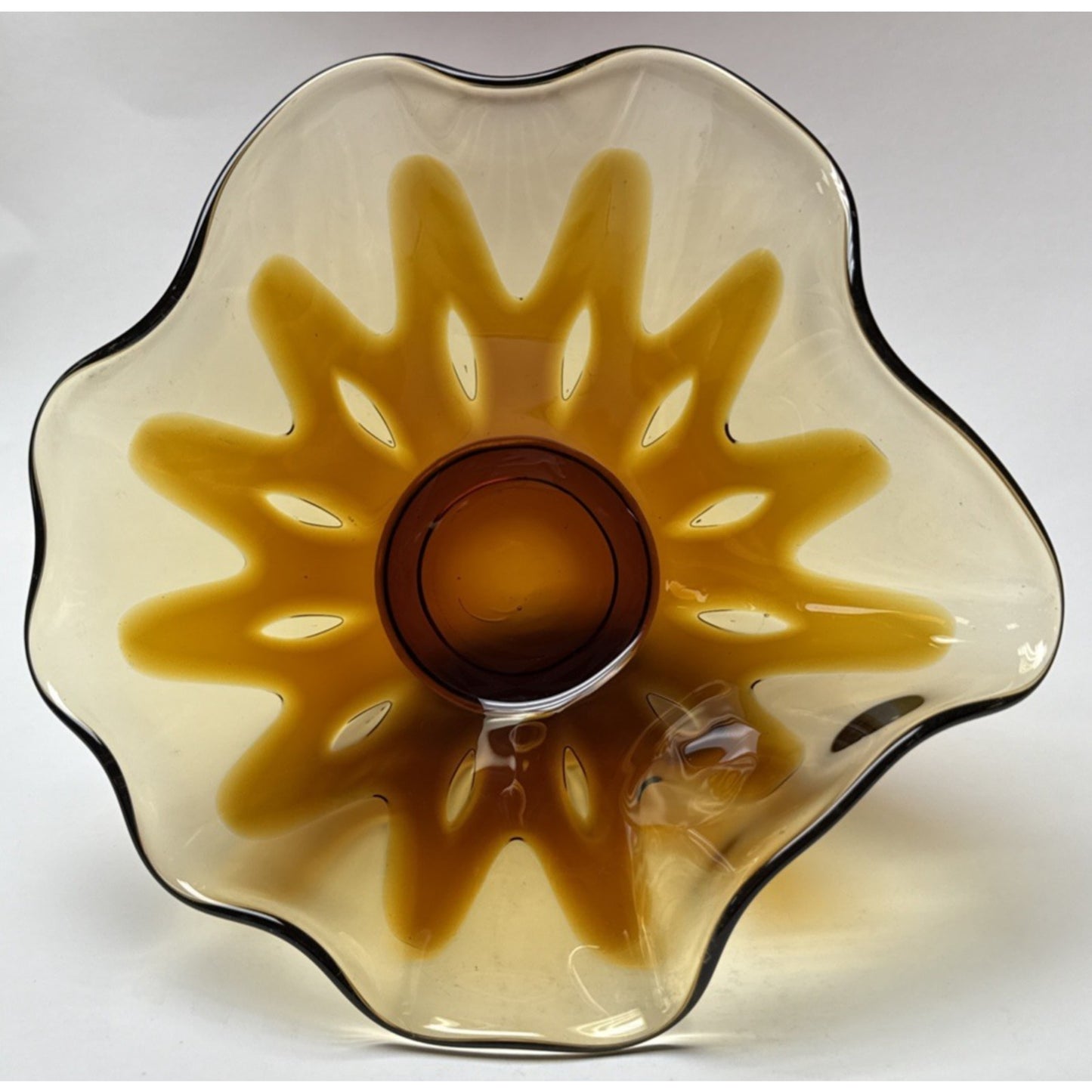 MCM Fostoria Art Glass Hawaiian Amber Brown Footed Ruffled Bowl