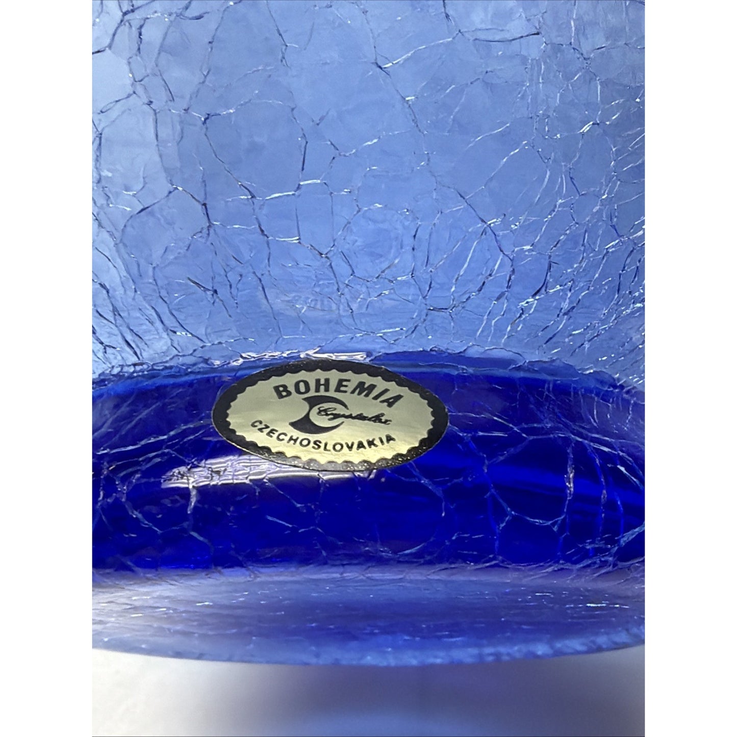 Vintage Bohemia Czech Blue Crackle Glass Crystal Vase